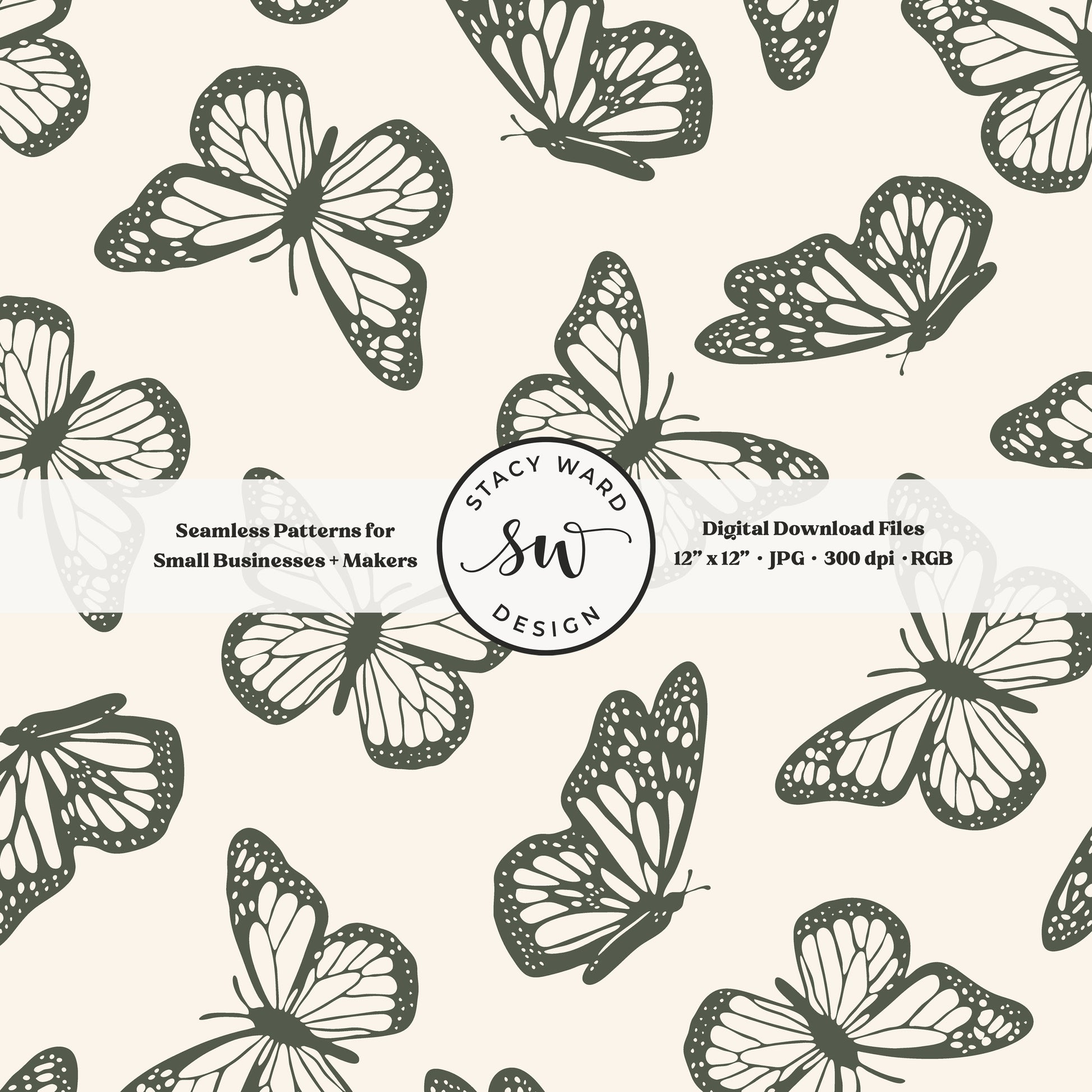 Vintage butterfly illustrations on a seamless pattern in masculine dark green on cream minimal monarch butterflies