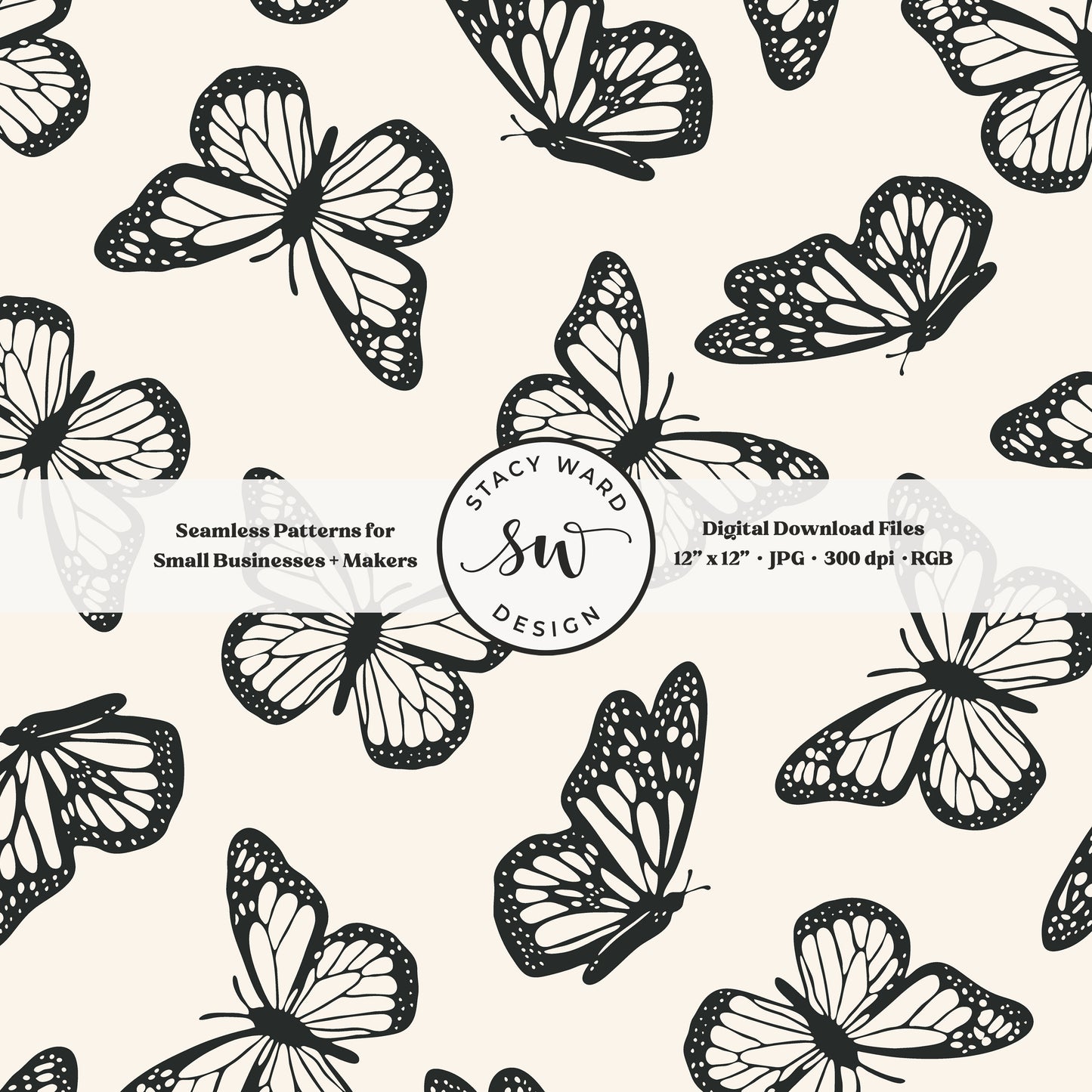 Vintage butterfly illustrations on a seamless pattern in bold dark graphite on cream minimal monarch butterflies