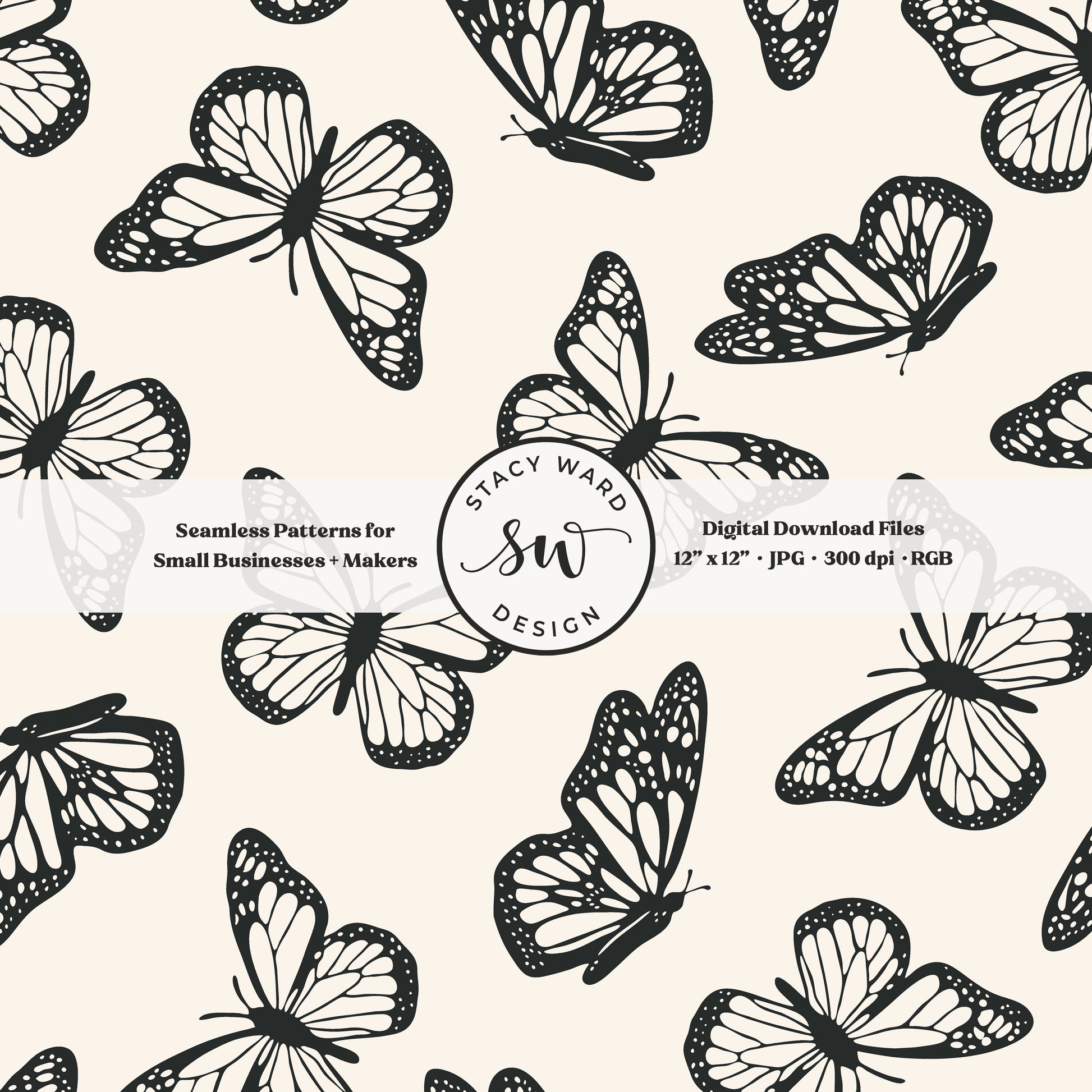 Vintage butterfly illustrations on a seamless pattern in bold dark graphite on cream minimal monarch butterflies