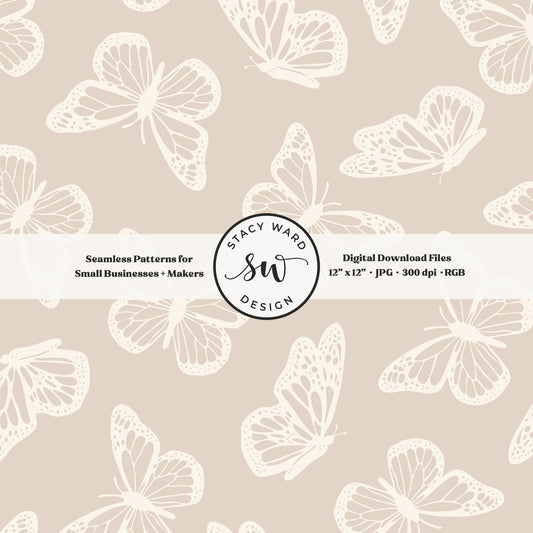 Antique inspired butterflies seamless pattern in vintage cream on muted soft brown minimal flying woodland bugs