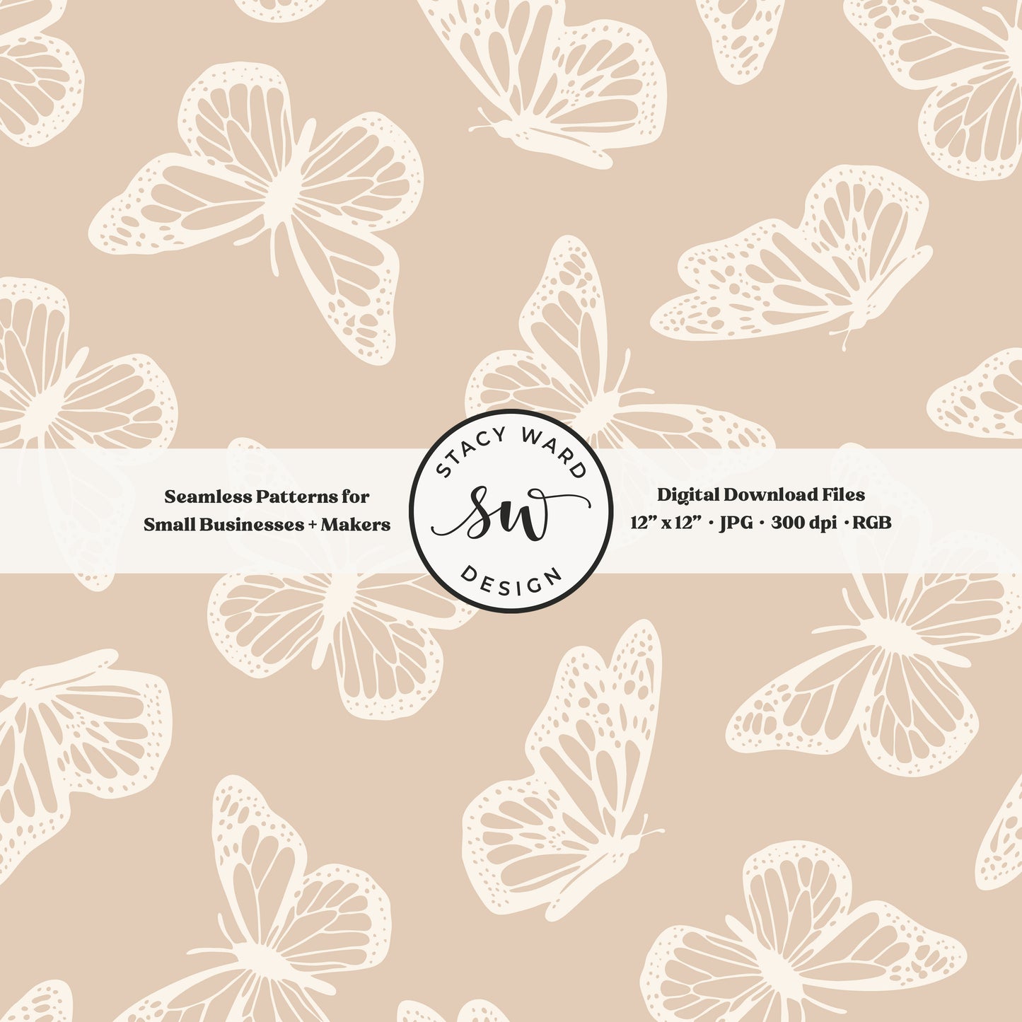 Antique inspired butterflies seamless pattern in vintage cream on earth tone neutral tan minimal flying woodland bugs