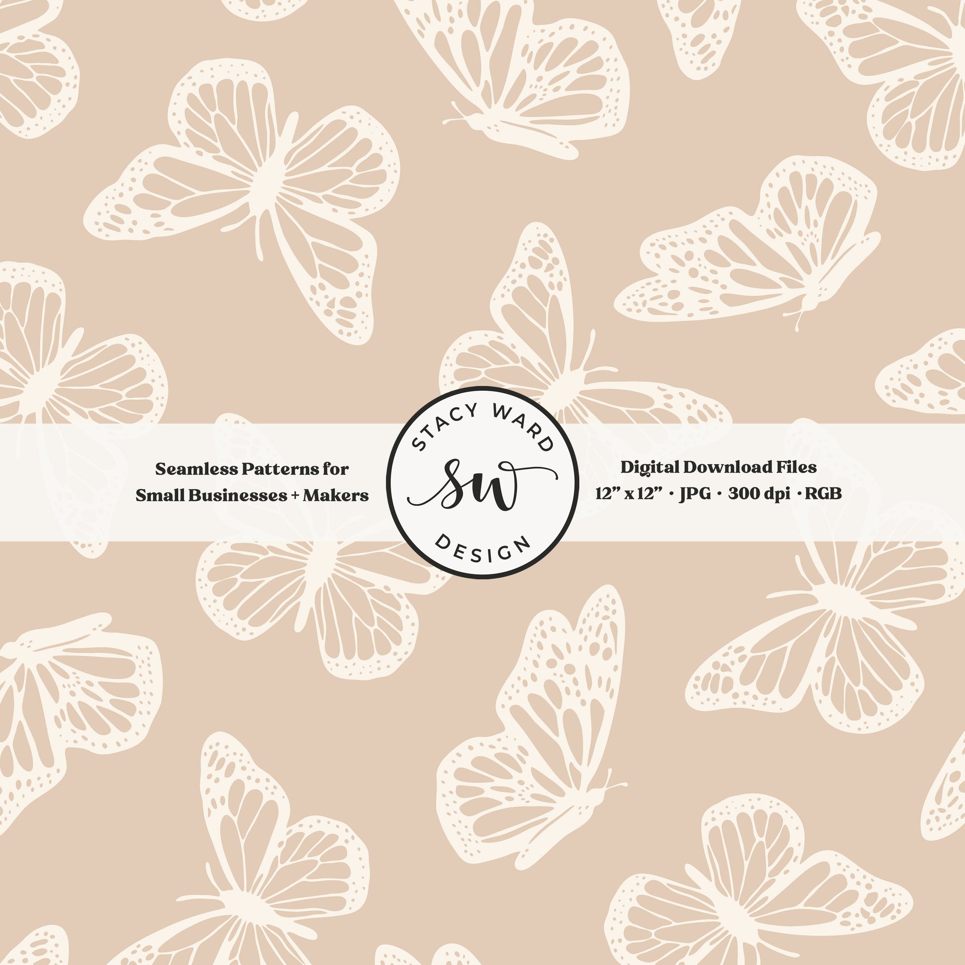 Antique inspired butterflies seamless pattern in vintage cream on earth tone neutral tan minimal flying woodland bugs
