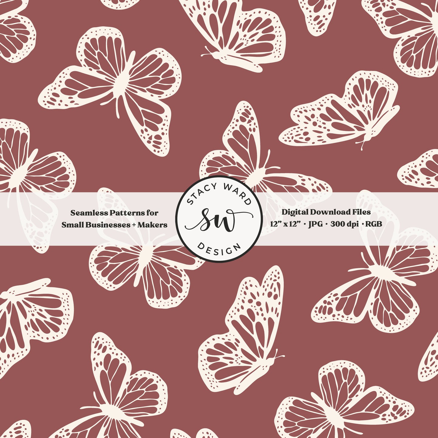 Antique inspired butterflies seamless pattern in vintage cream on bold burgundy wine minimal flying woodland bugs