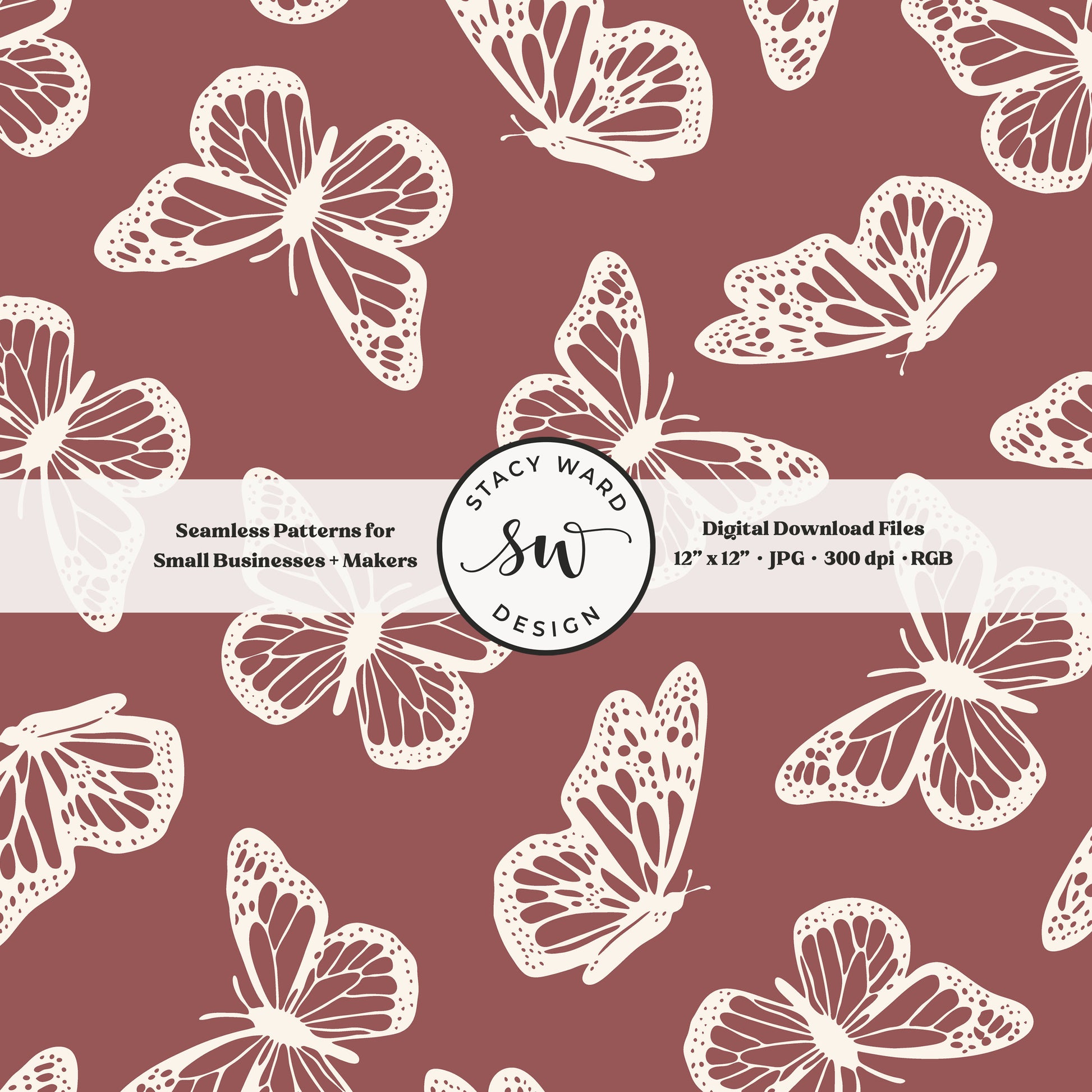 Antique inspired butterflies seamless pattern in vintage cream on bold burgundy wine minimal flying woodland bugs
