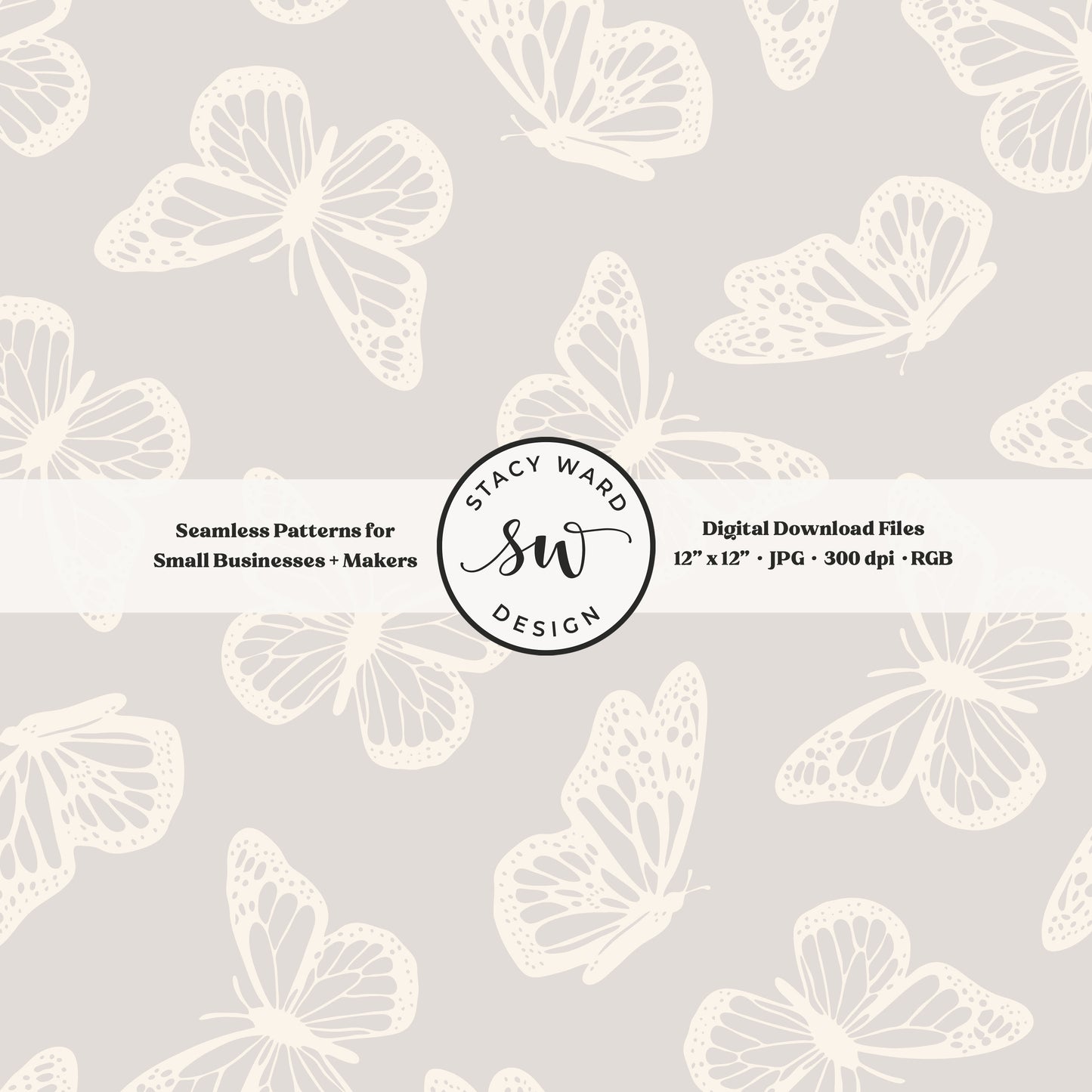 Antique inspired butterflies seamless pattern in vintage cream on soft pale greige minimal flying woodland bugs