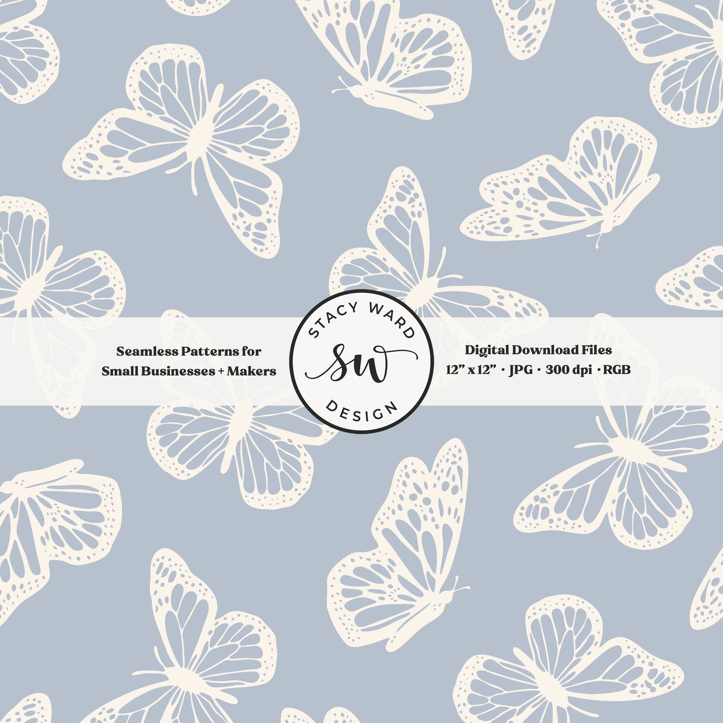 Antique inspired butterflies seamless pattern in vintage cream on preppy coastal blue minimal flying woodland bugs