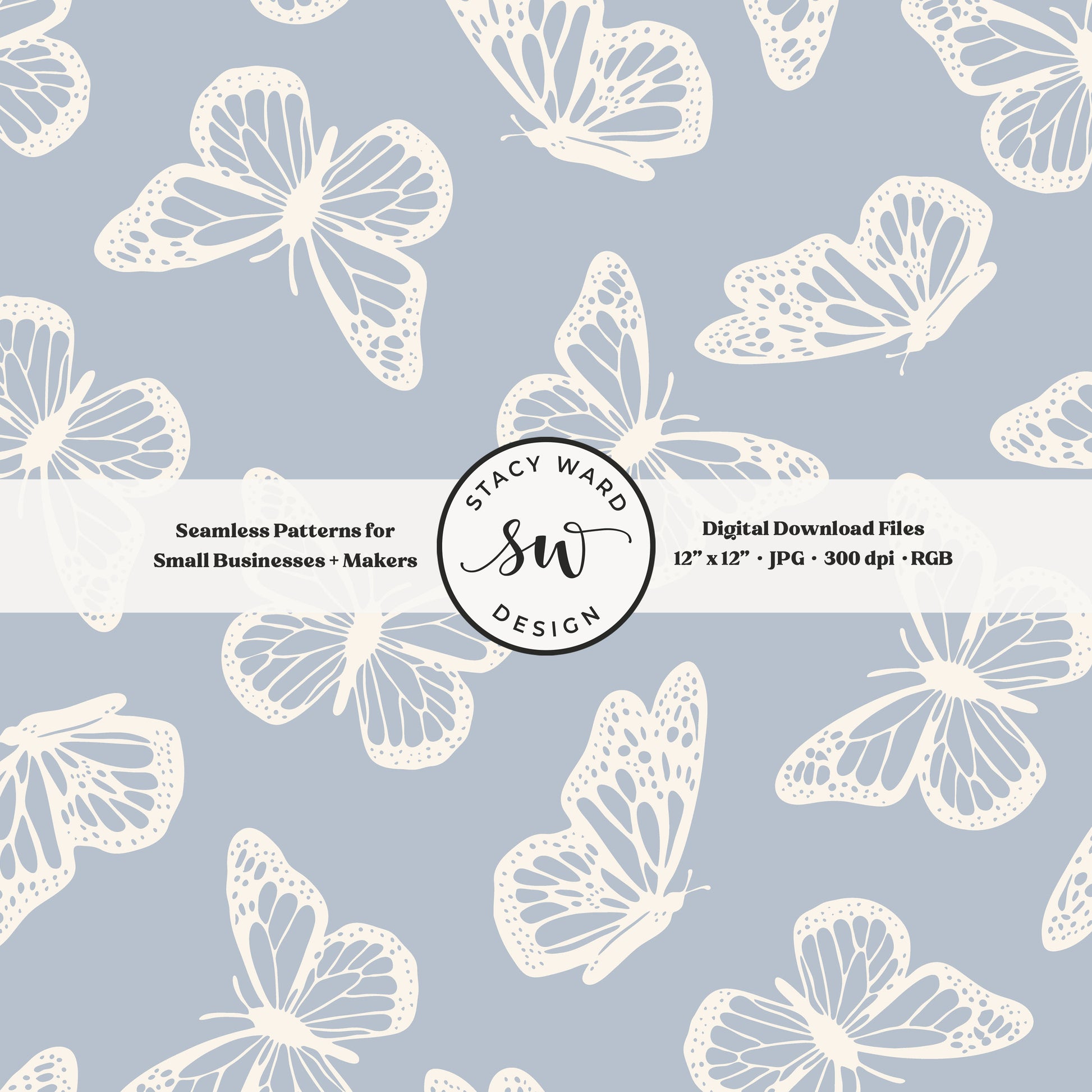 Antique inspired butterflies seamless pattern in vintage cream on preppy coastal blue minimal flying woodland bugs