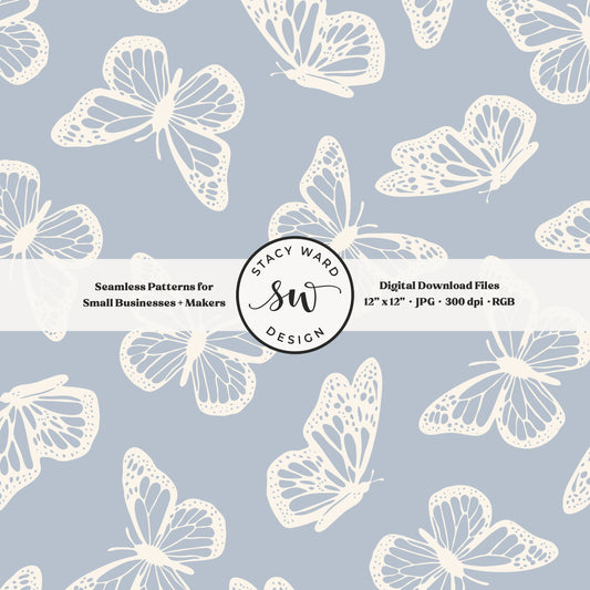 Antique inspired butterflies seamless pattern in vintage cream on preppy coastal blue minimal flying woodland bugs