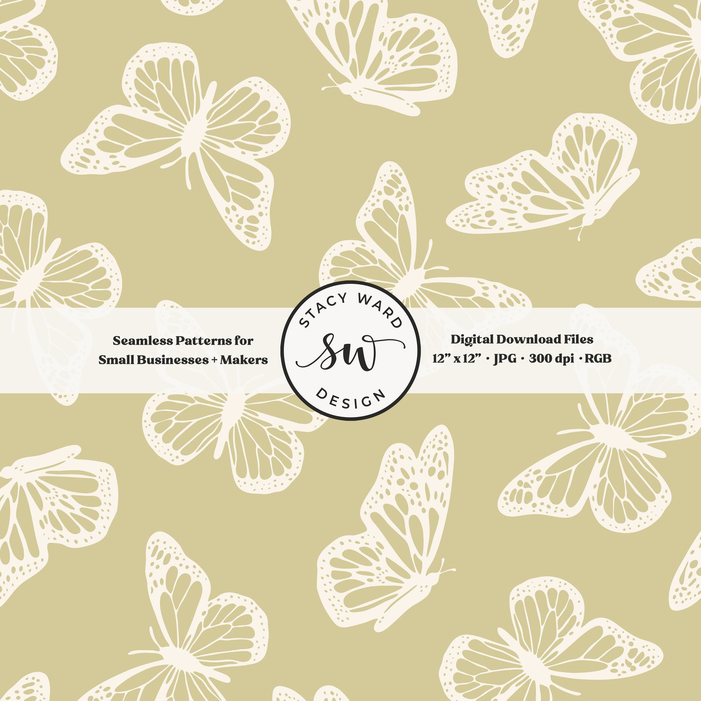 Antique inspired butterflies seamless pattern in vintage cream on earth tone yellowish green minimal flying woodland bugs