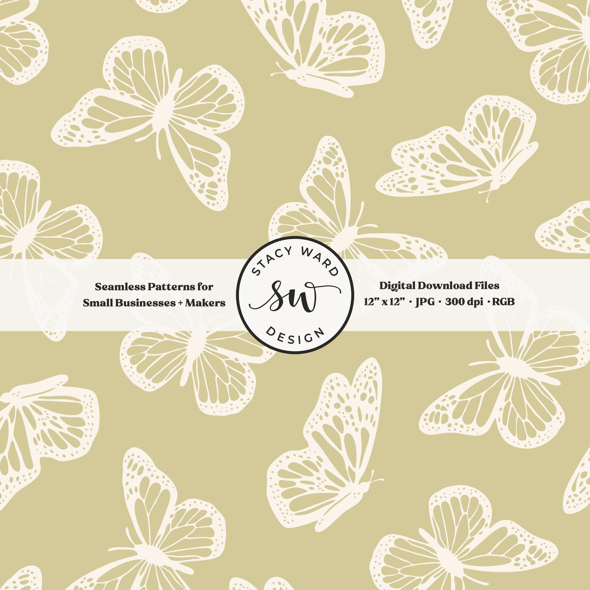 Antique inspired butterflies seamless pattern in vintage cream on earth tone yellowish green minimal flying woodland bugs