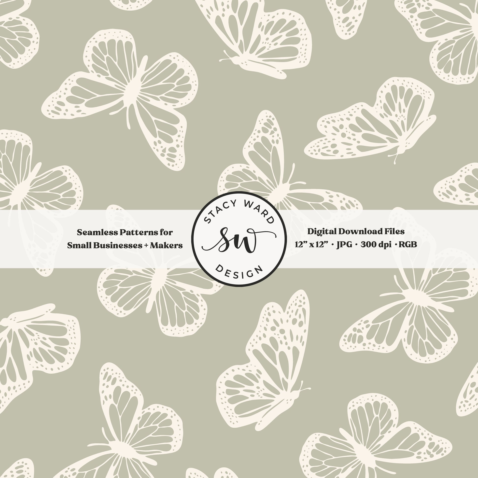Antique inspired butterflies seamless pattern in vintage cream on soft dusty sage minimal flying woodland bugs