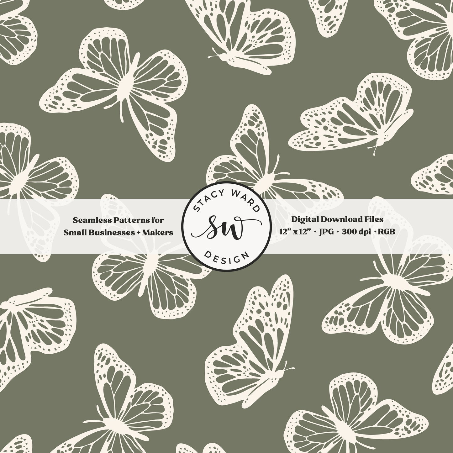 Antique inspired butterflies seamless pattern in vintage cream on earth tone camouflage green minimal flying woodland bugs