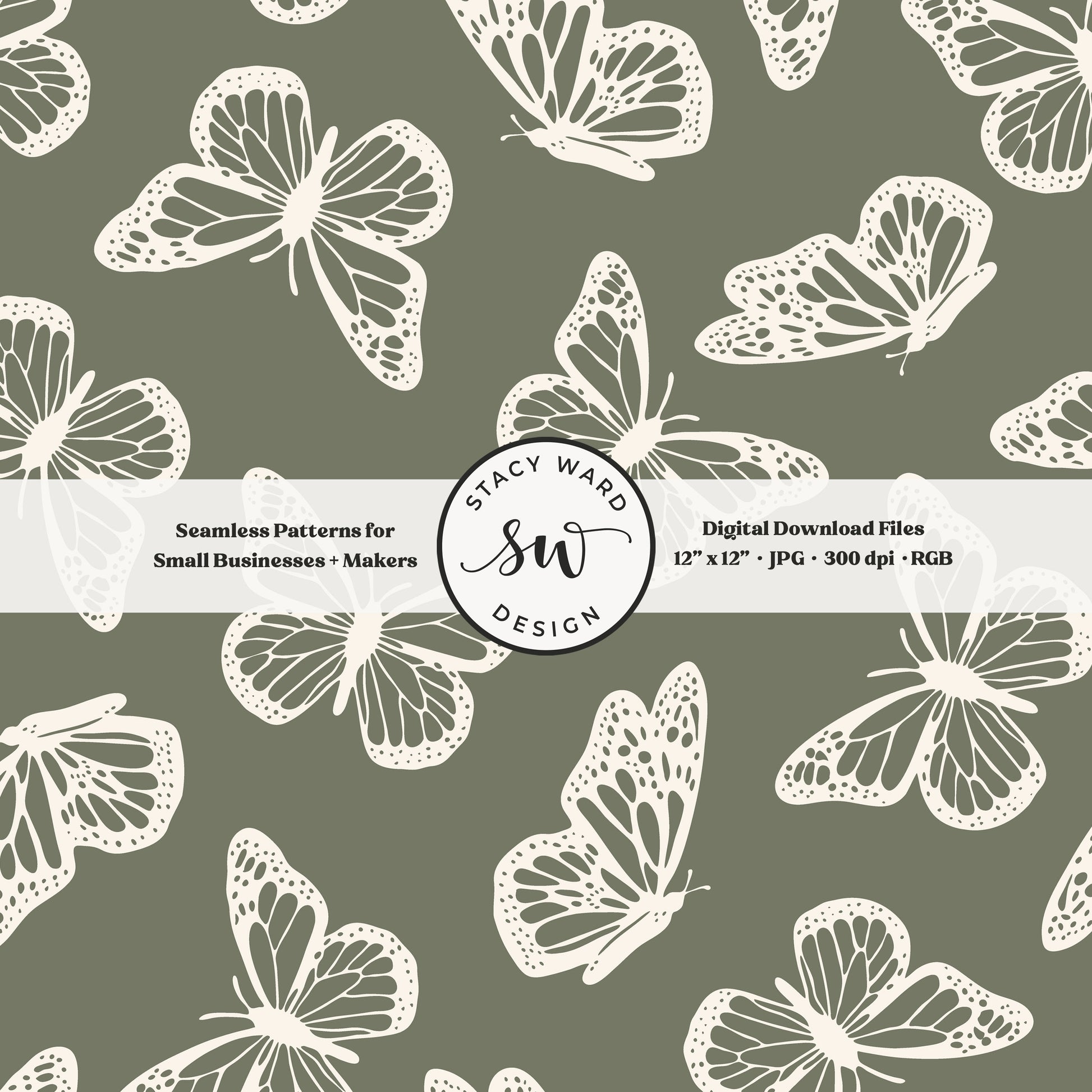 Antique inspired butterflies seamless pattern in vintage cream on earth tone camouflage green minimal flying woodland bugs