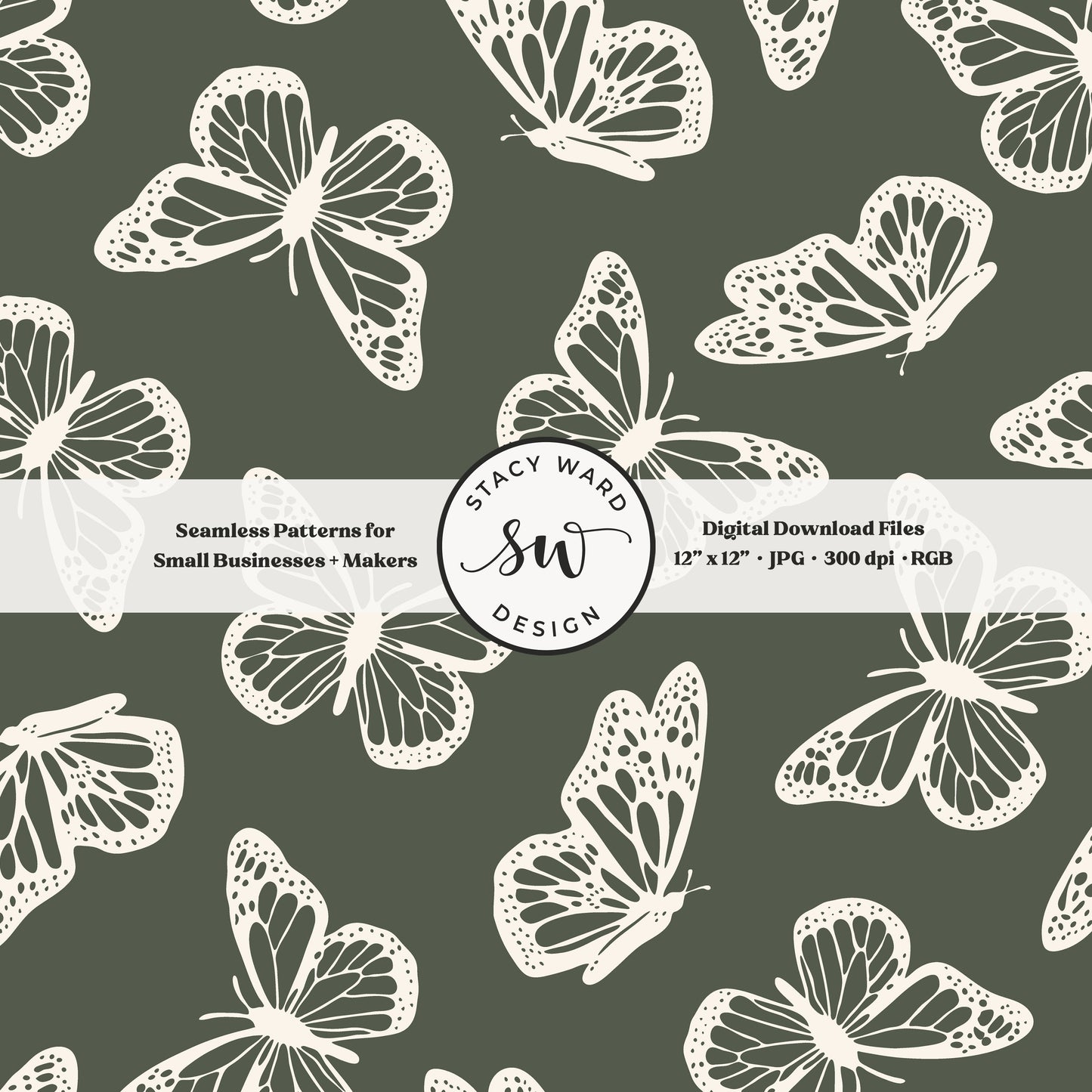 Antique inspired butterflies seamless pattern in vintage cream on masculine dark green minimal flying woodland bugs