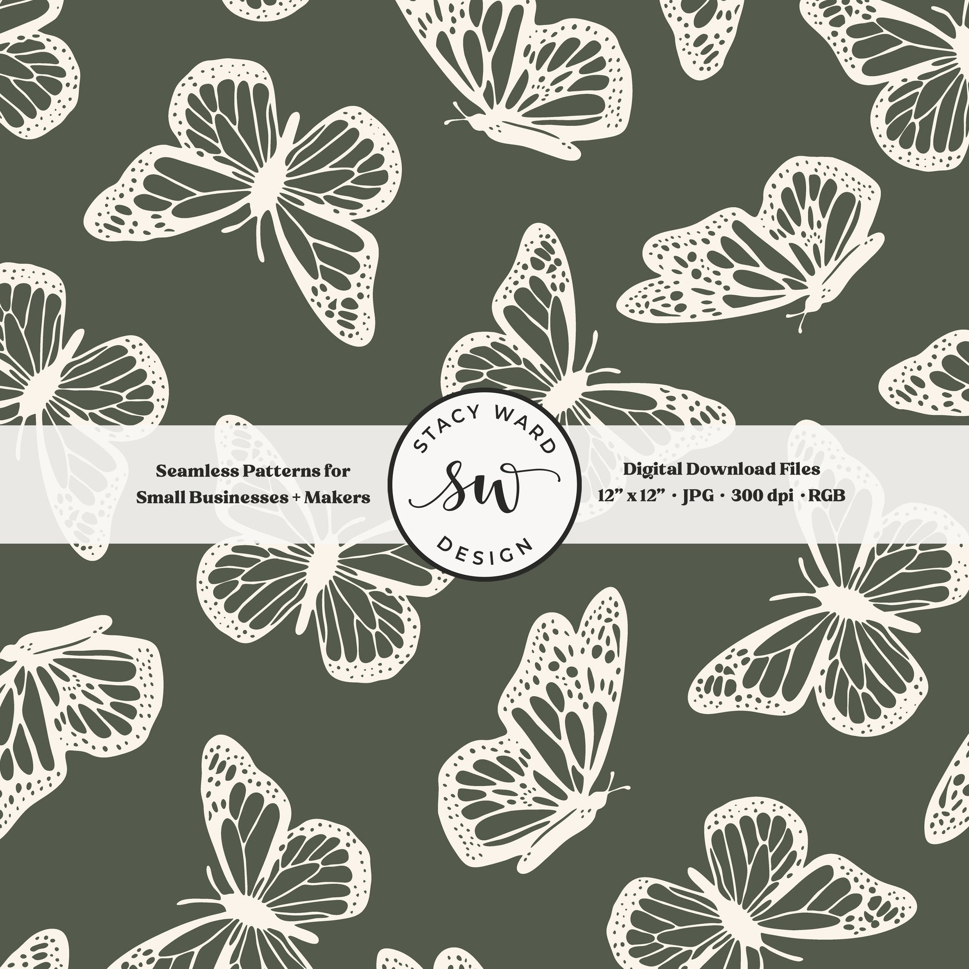 Antique inspired butterflies seamless pattern in vintage cream on masculine dark green minimal flying woodland bugs
