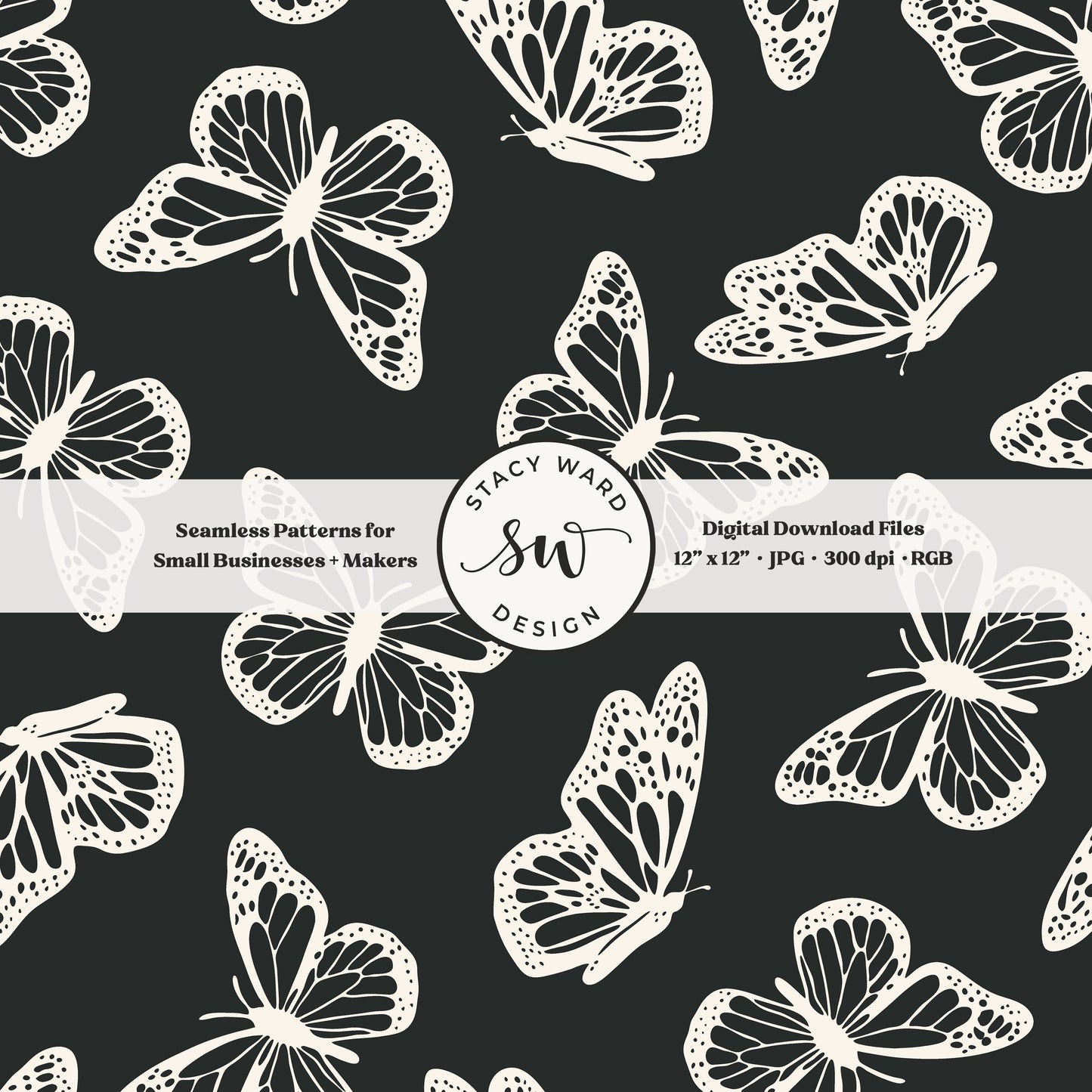 Antique inspired butterflies seamless pattern in vintage cream on bold dark graphite minimal flying woodland bugs