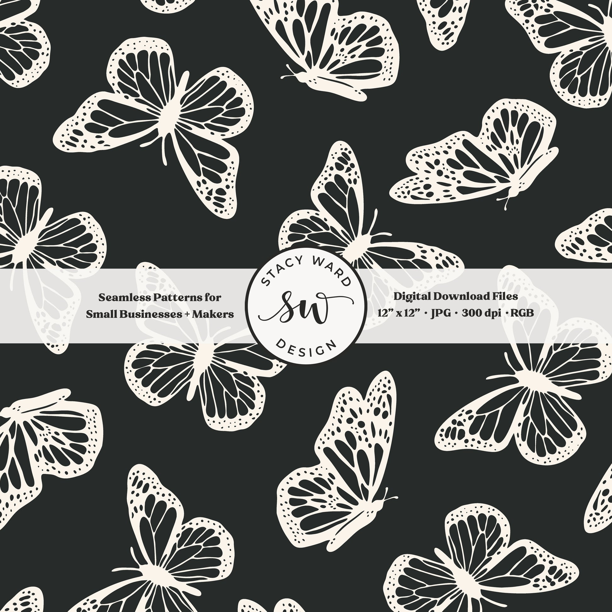 Antique inspired butterflies seamless pattern in vintage cream on bold dark graphite minimal flying woodland bugs