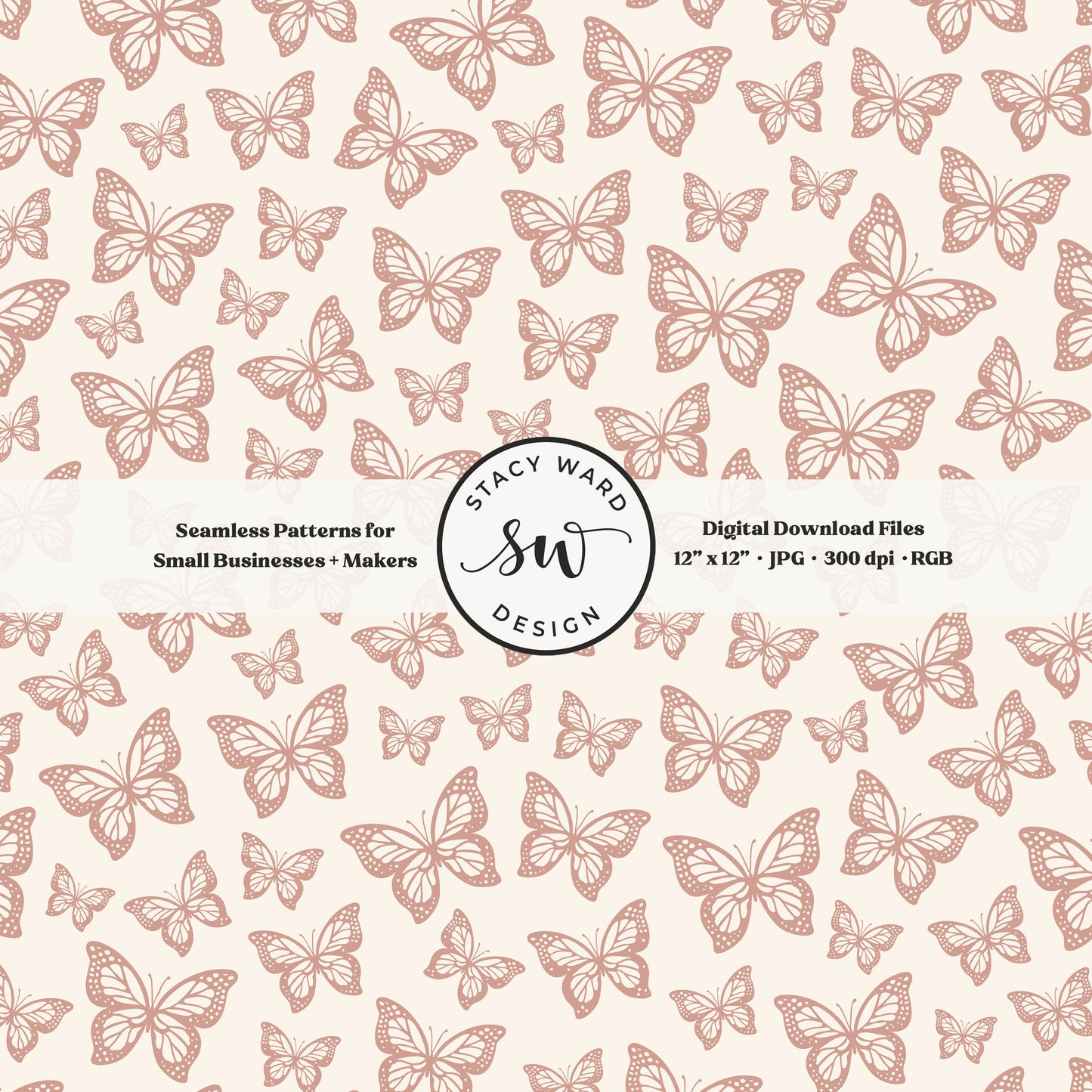 Minimal butterflies seamless pattern in muted dusky pink on cream small scale woodland insects