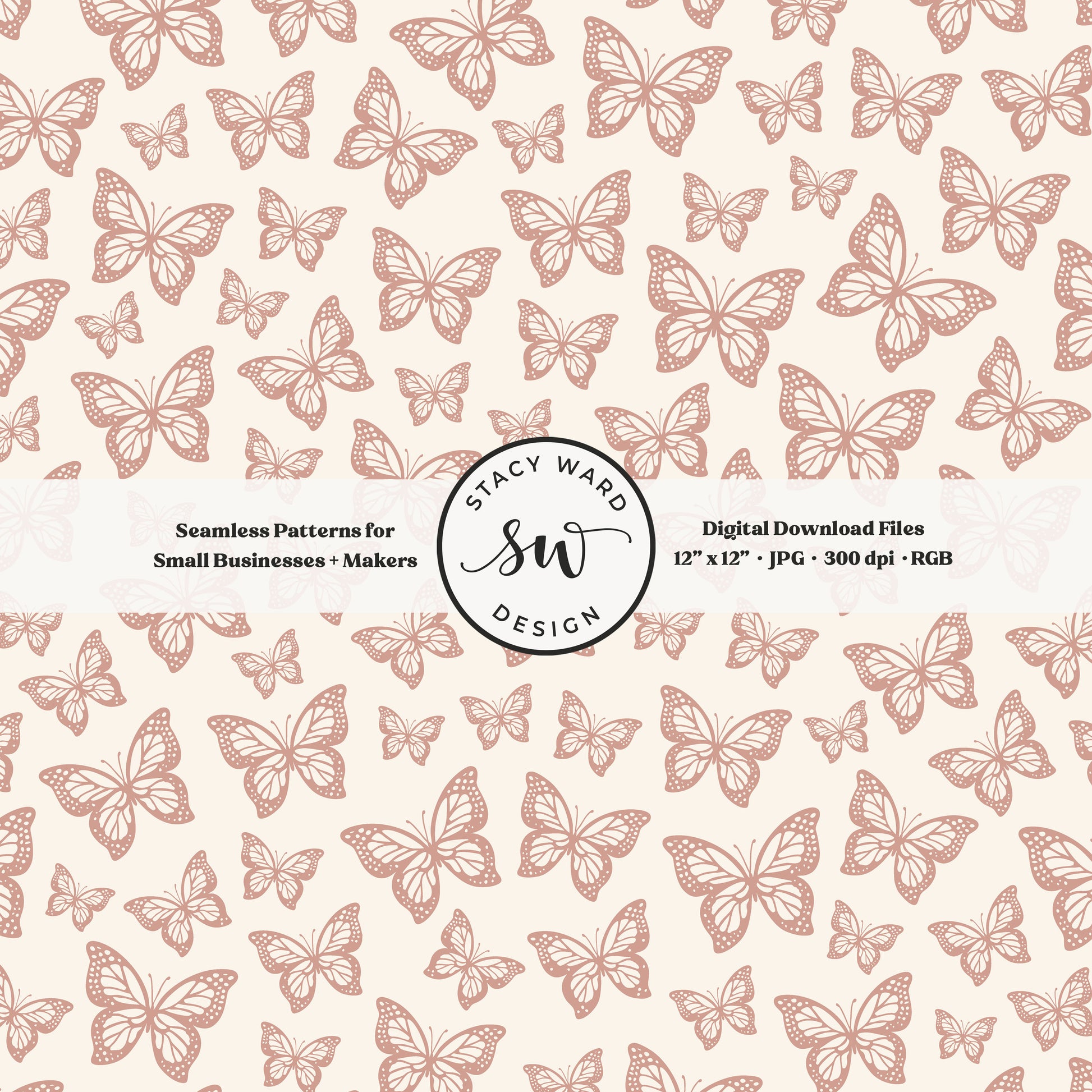 Minimal butterflies seamless pattern in muted dusky pink on cream small scale woodland insects