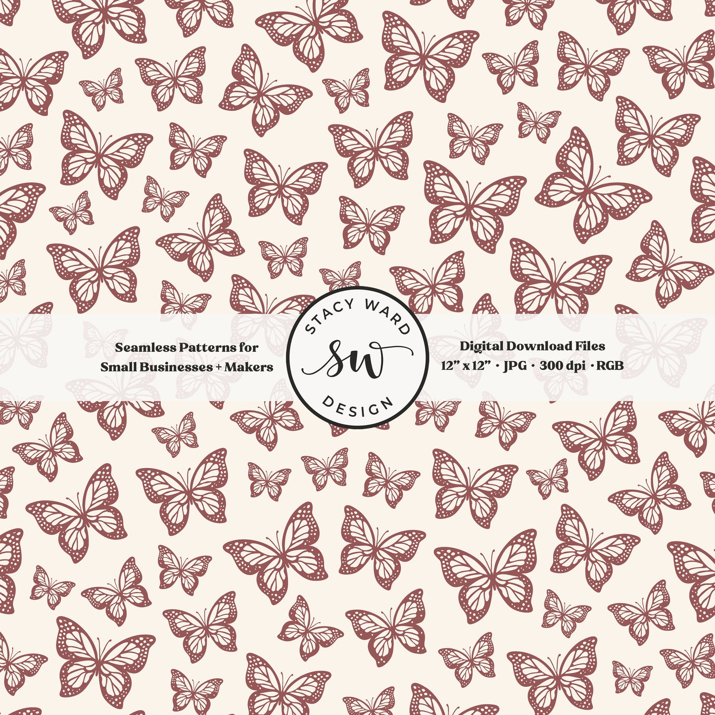 Minimal butterflies seamless pattern in bold burgundy wine on cream small scale woodland insects