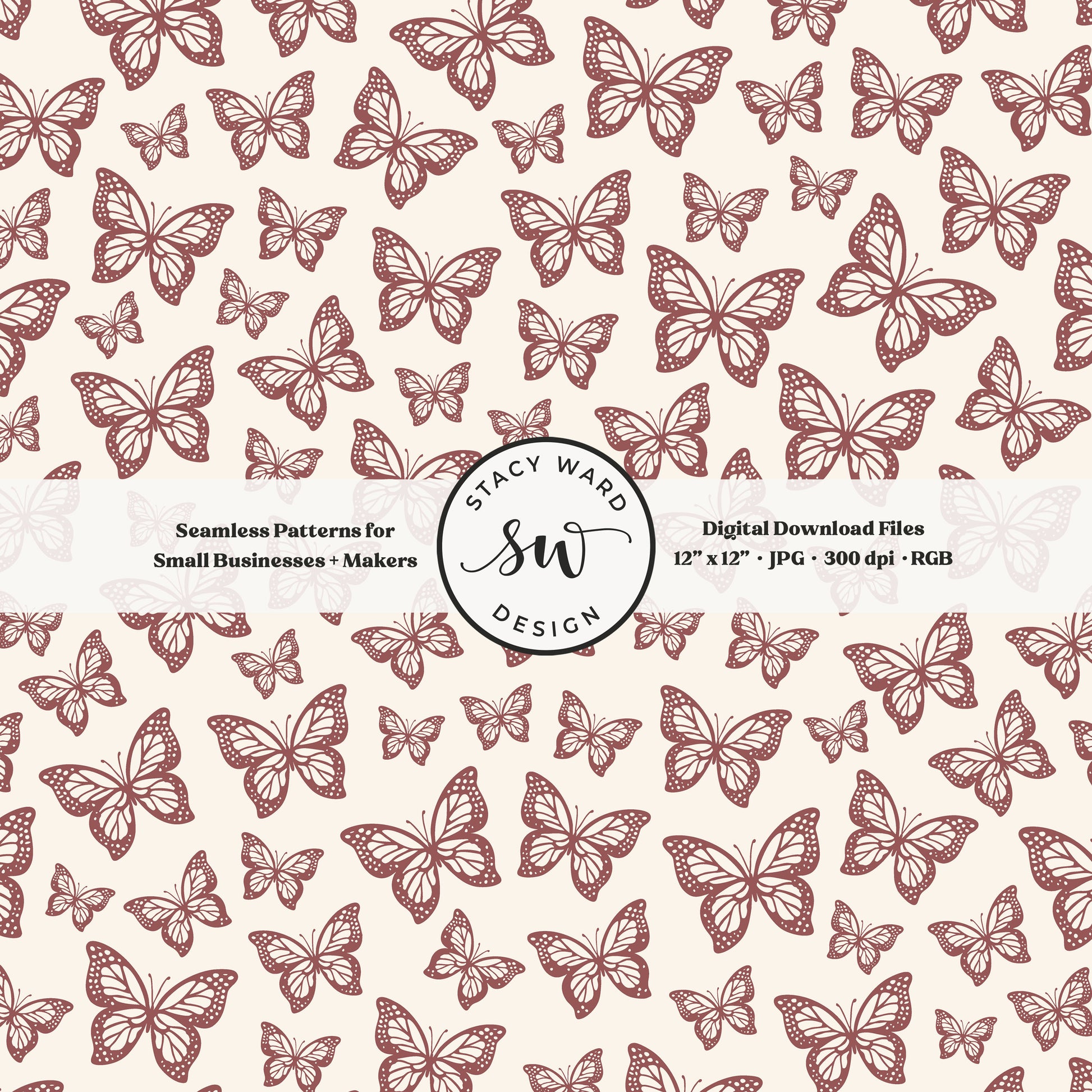 Minimal butterflies seamless pattern in bold burgundy wine on cream small scale woodland insects