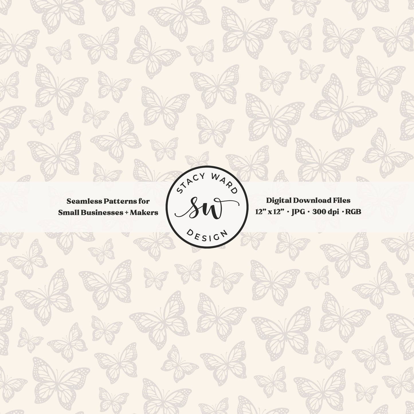 Minimal butterflies seamless pattern in soft pale greige on cream small scale woodland insects