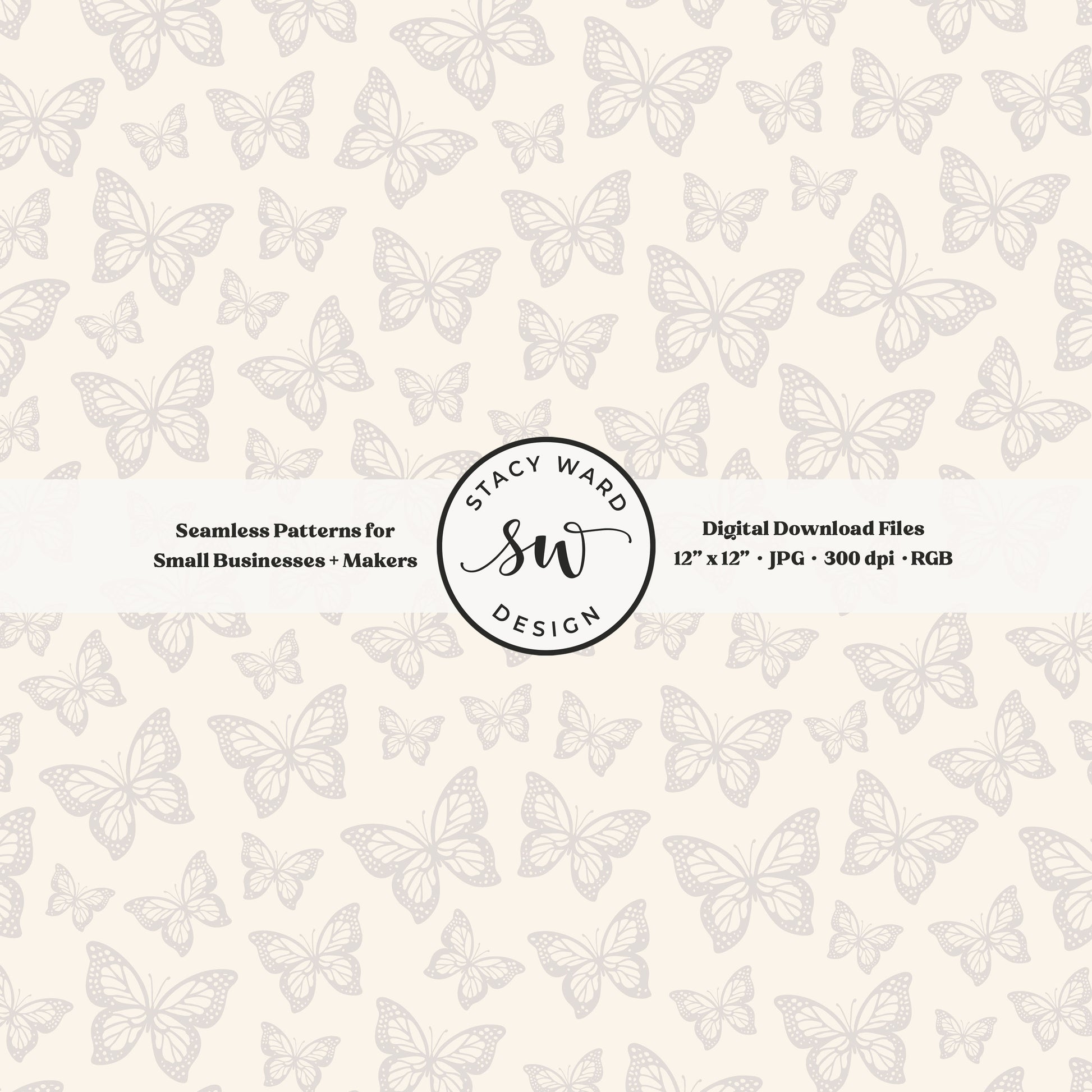 Minimal butterflies seamless pattern in soft pale greige on cream small scale woodland insects