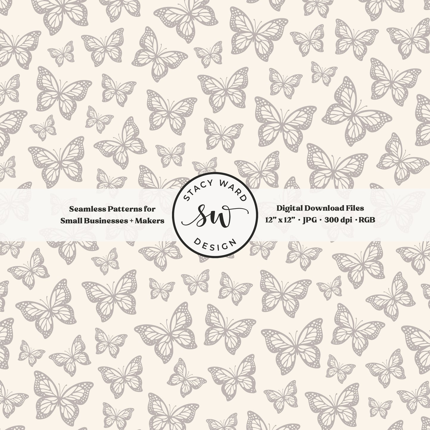 Minimal butterflies seamless pattern in neutral grayish brown on cream small scale woodland insects