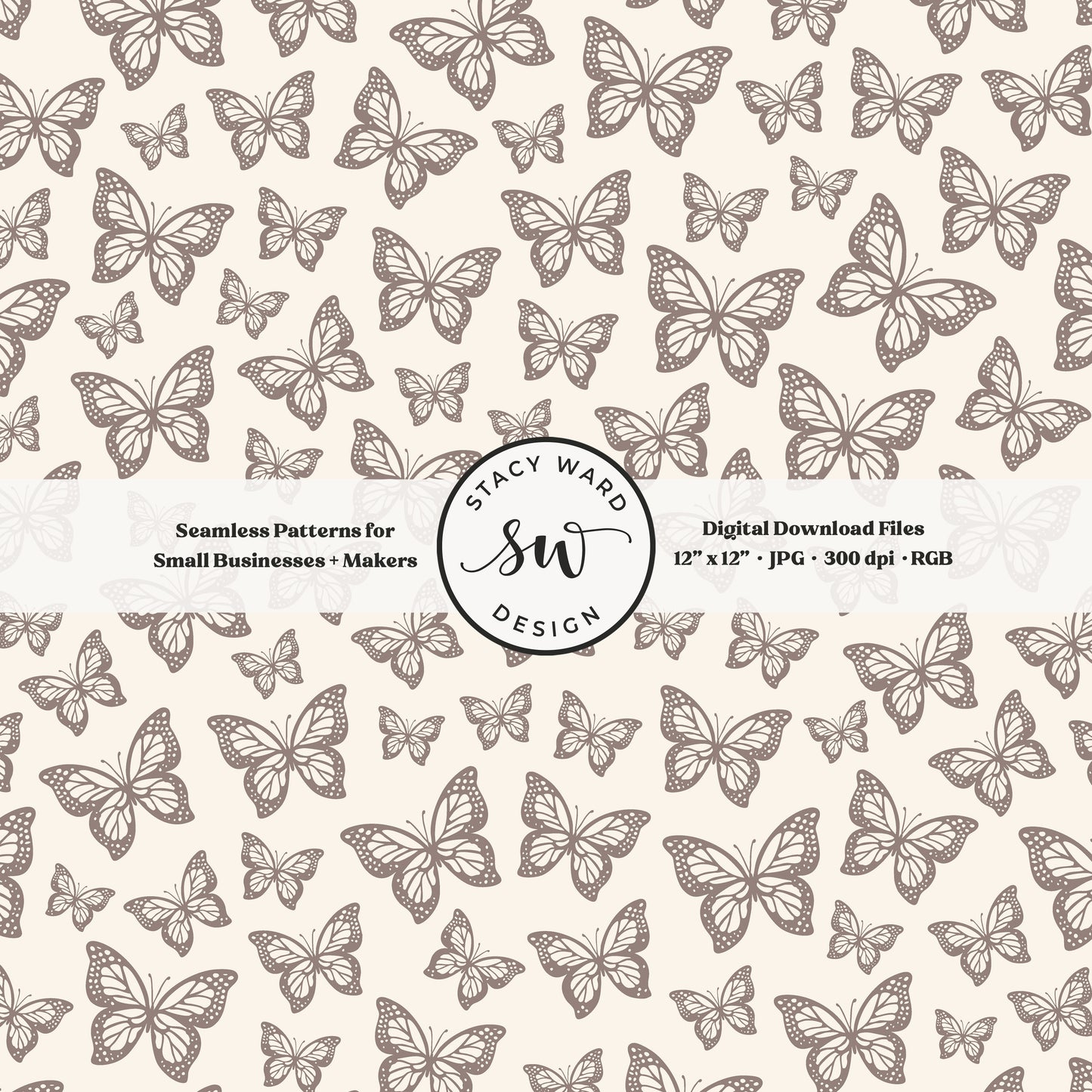 Minimal butterflies seamless pattern in grayish brown taupe beige on cream small scale woodland insects