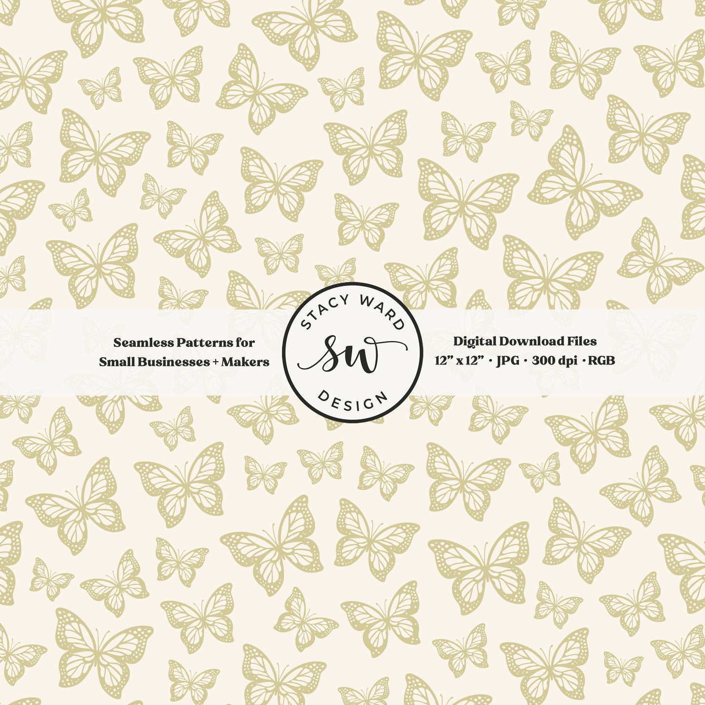 Minimal butterflies seamless pattern in earth tone yellowish green on cream small scale woodland insects