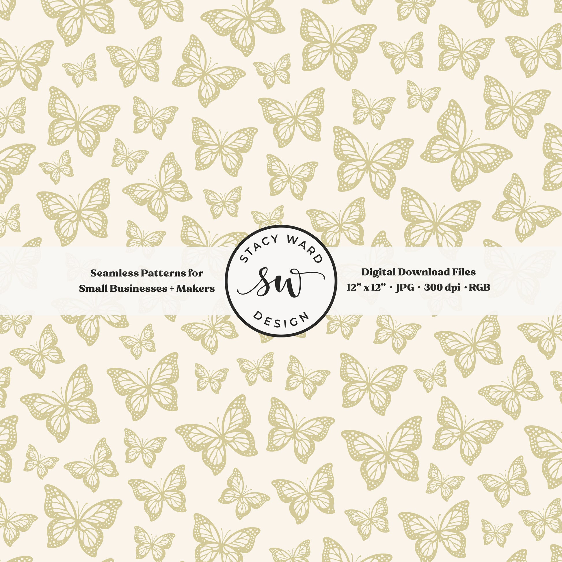 Minimal butterflies seamless pattern in earth tone yellowish green on cream small scale woodland insects