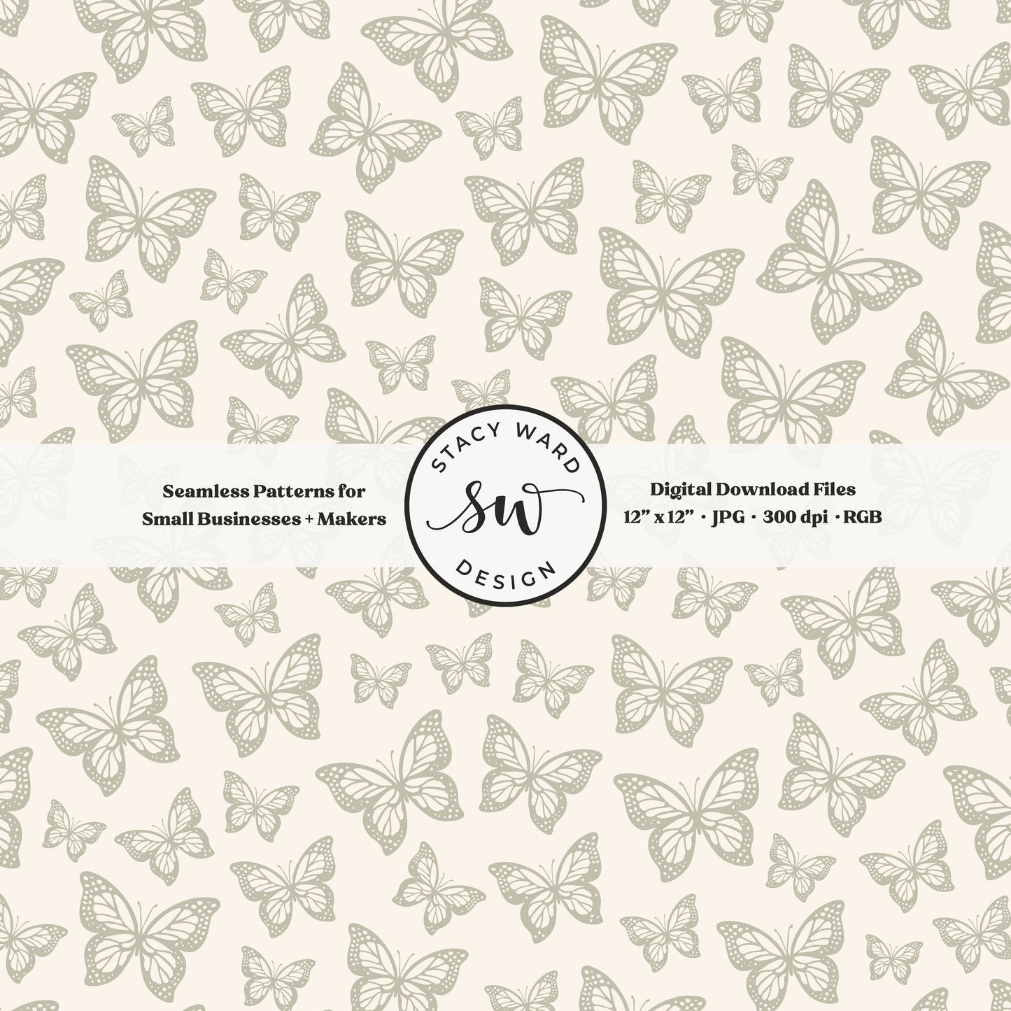 Minimal butterflies seamless pattern in soft dusty sage on cream small scale woodland insects