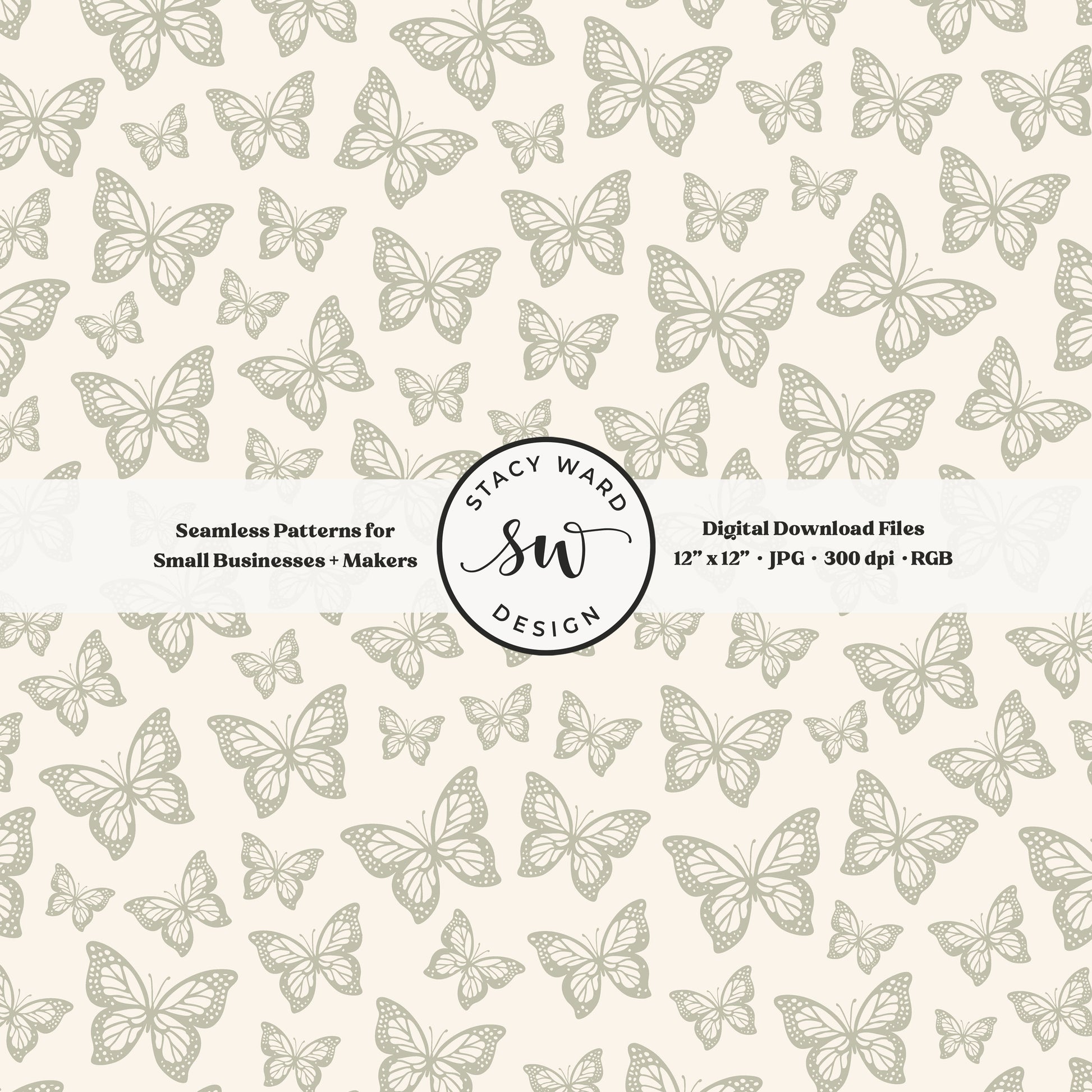 Minimal butterflies seamless pattern in soft dusty sage on cream small scale woodland insects