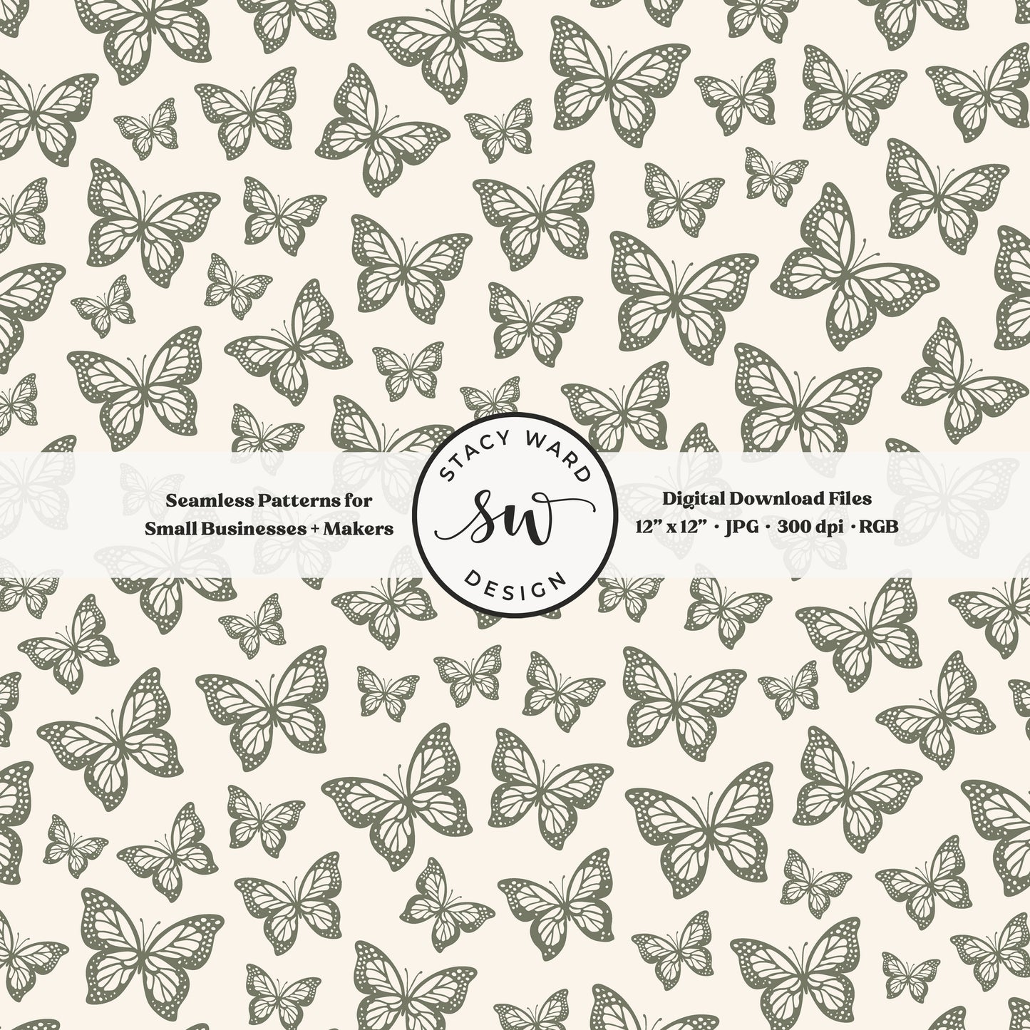 Minimal butterflies seamless pattern in earth tone camouflage green on cream small scale woodland insects