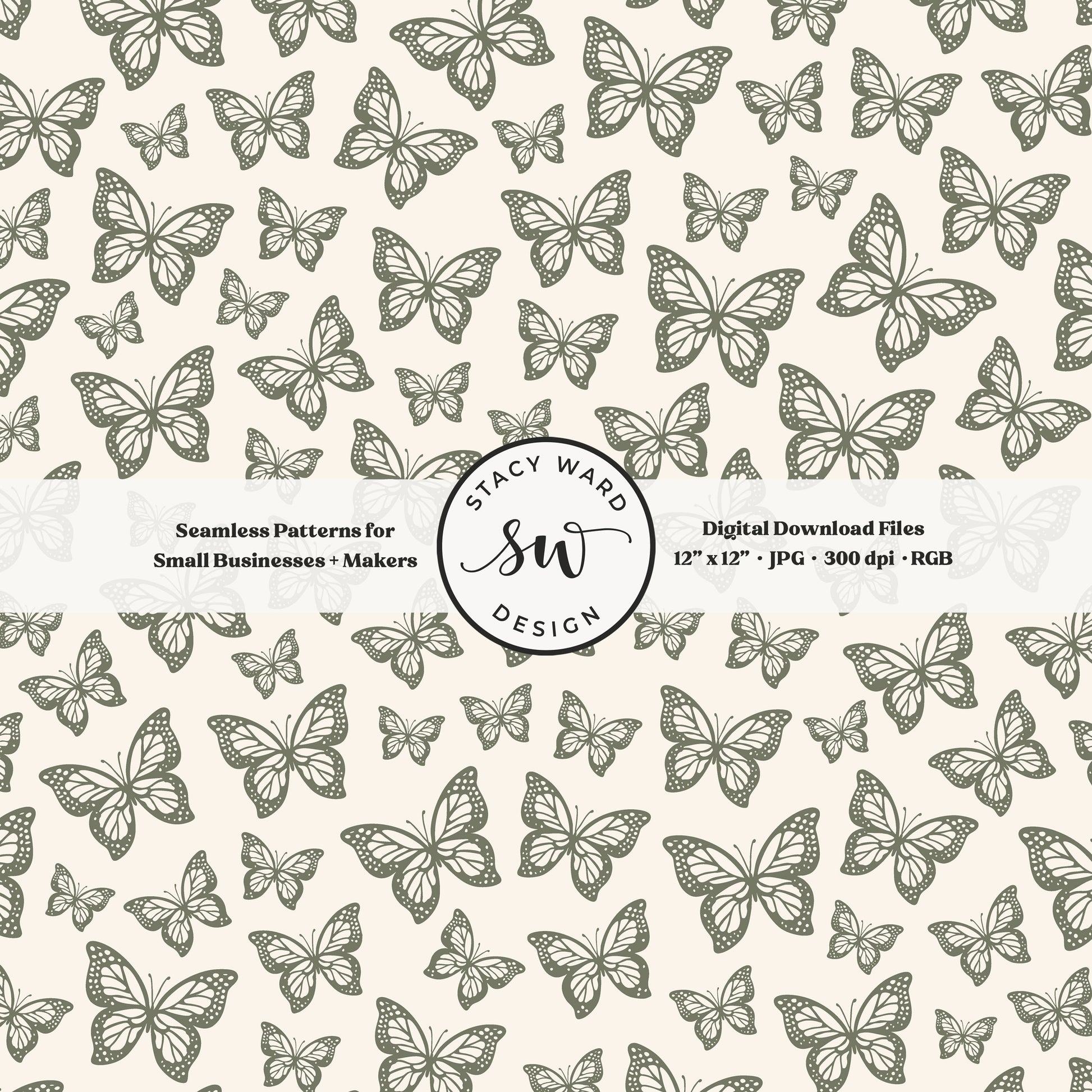 Minimal butterflies seamless pattern in earth tone camouflage green on cream small scale woodland insects