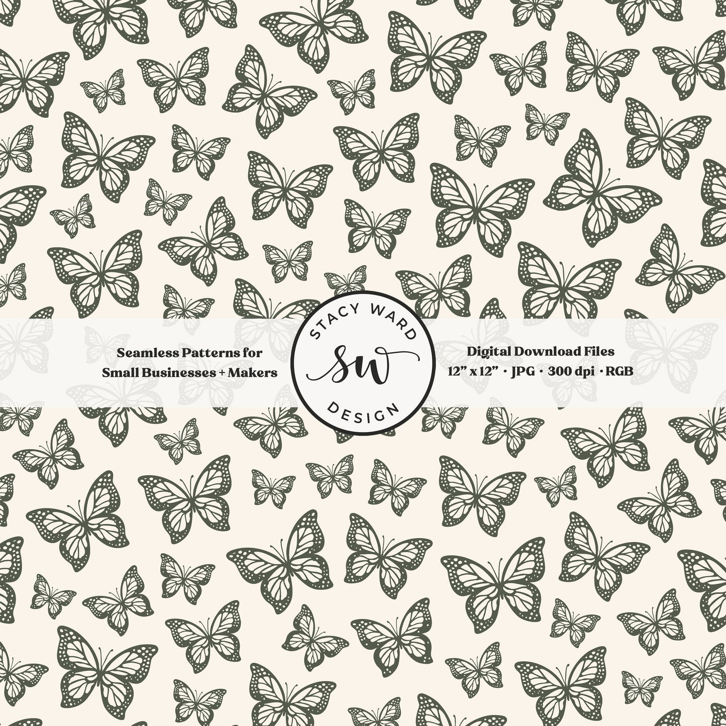 Minimal butterflies seamless pattern in masculine dark green on cream small scale woodland insects