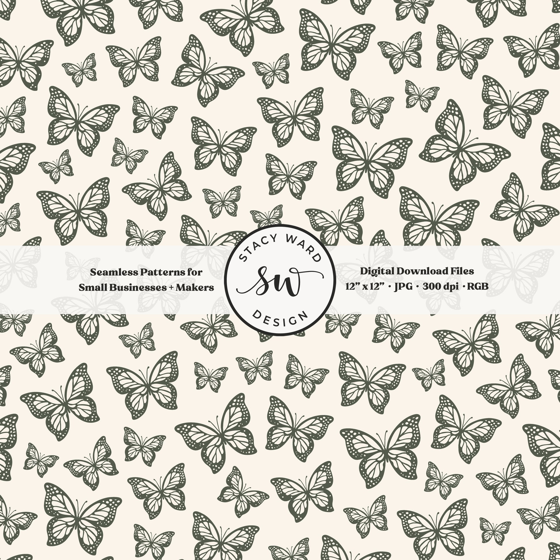 Minimal butterflies seamless pattern in masculine dark green on cream small scale woodland insects