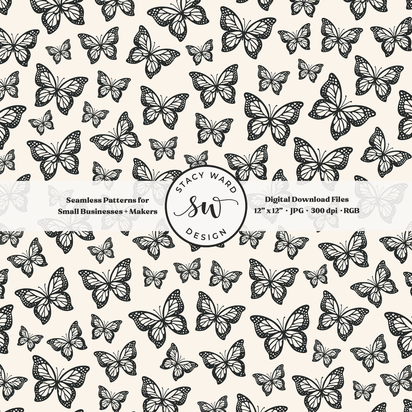 Minimal butterflies seamless pattern in bold dark graphite on cream small scale woodland insects