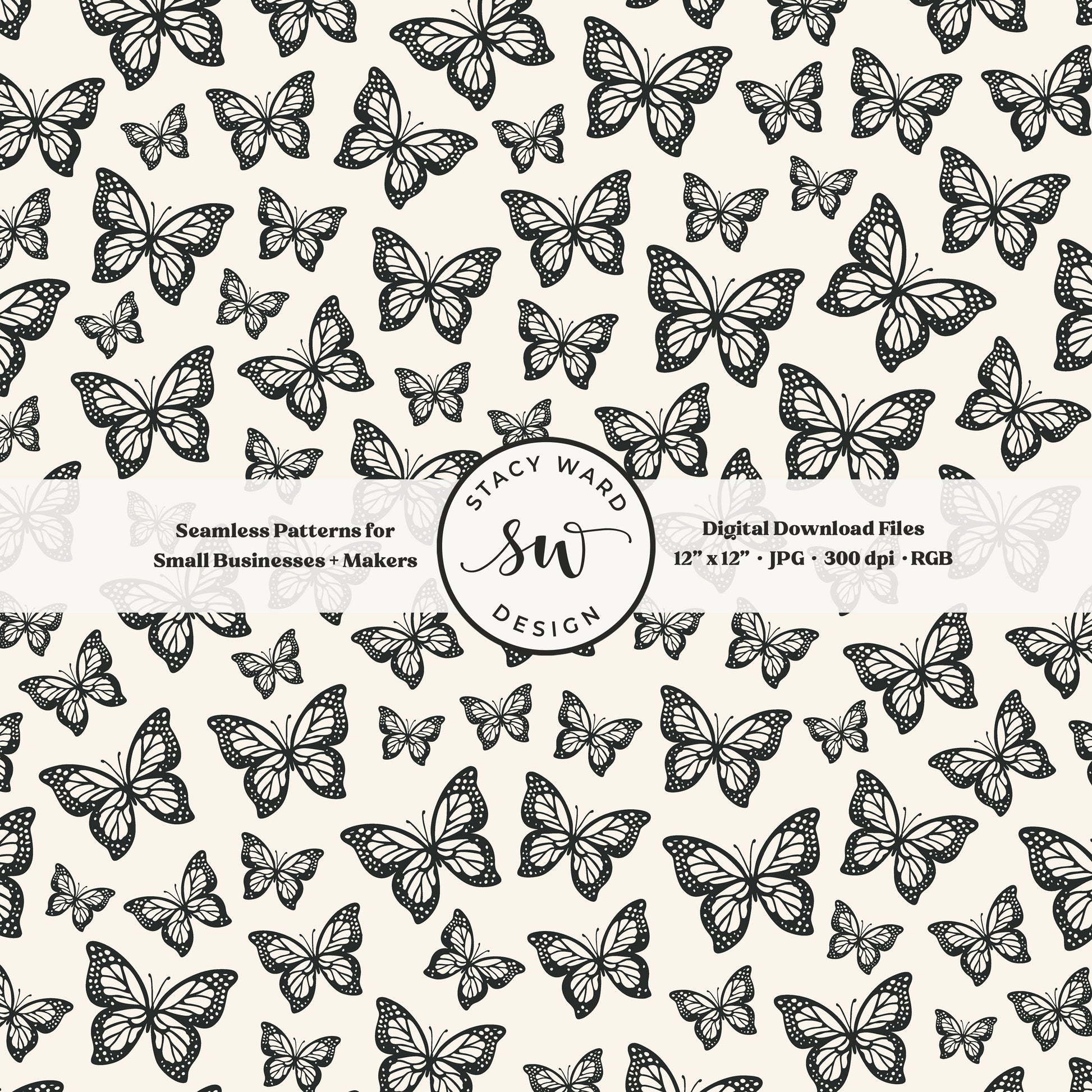 Minimal butterflies seamless pattern in bold dark graphite on cream small scale woodland insects