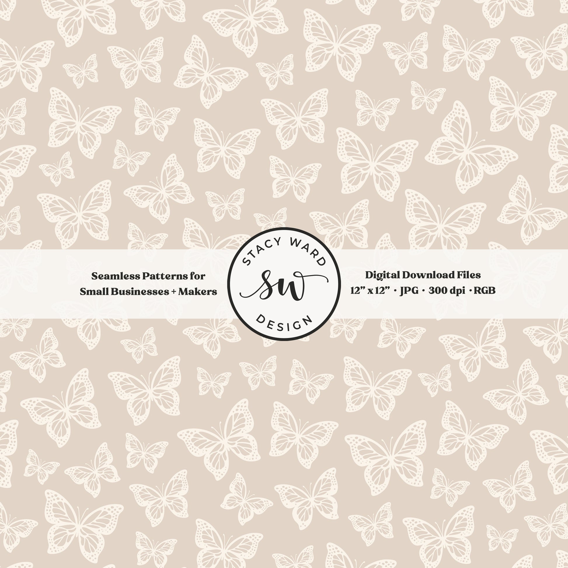 Simple butterfly illustration seamless pattern in cream on muted soft brown small vintage inspired butterflies