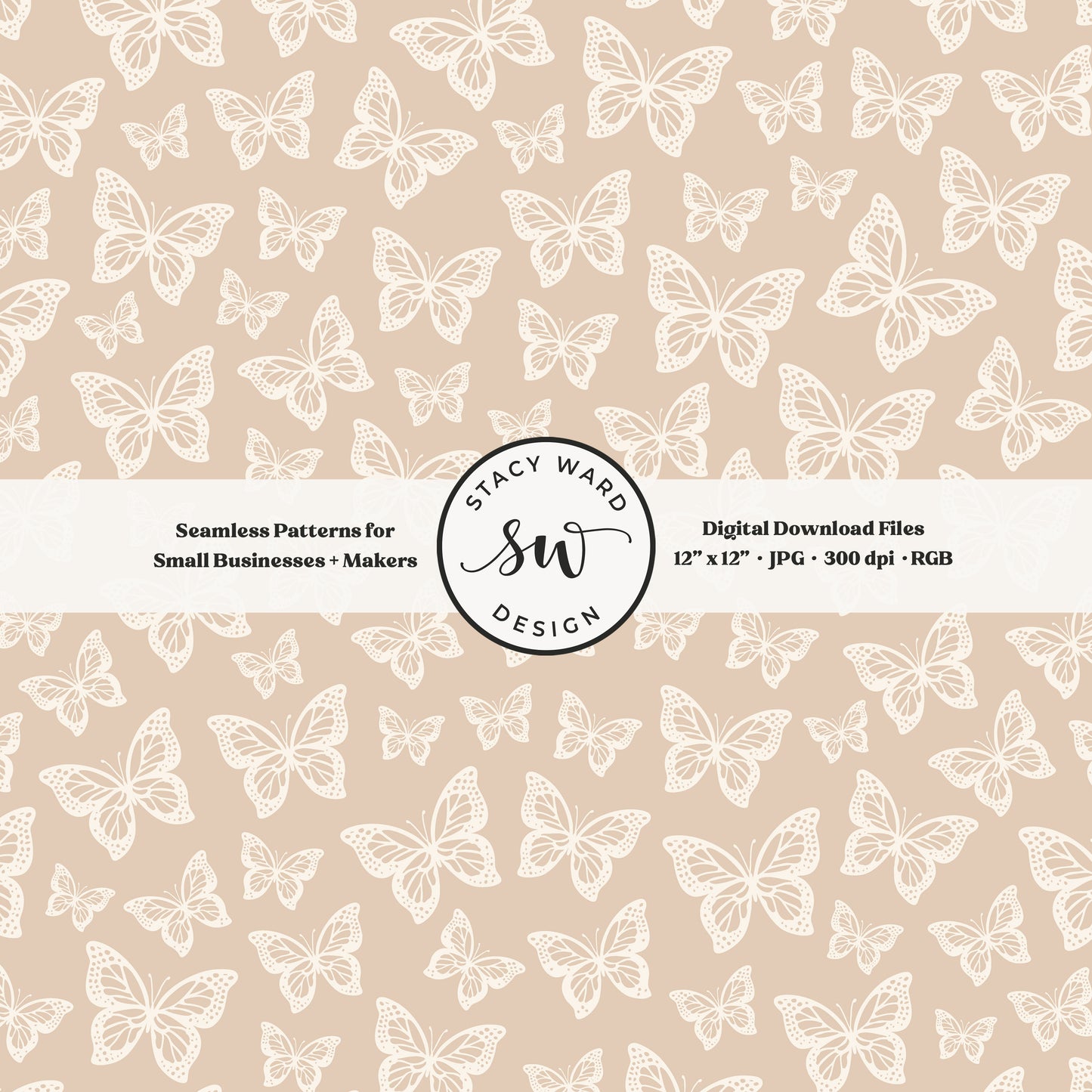 Simple butterfly illustration seamless pattern in cream on earth tone neutral tan small vintage inspired butterflies