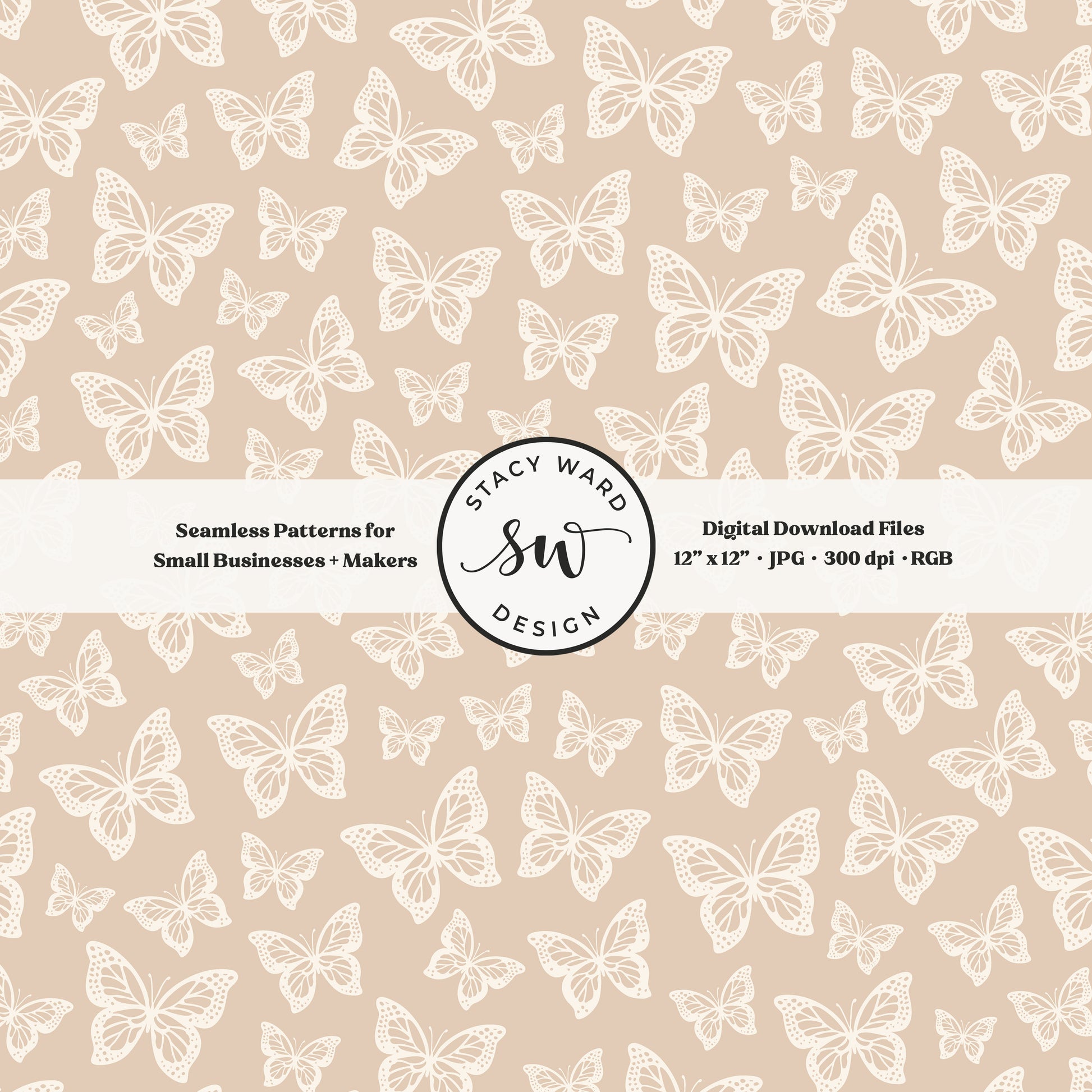 Simple butterfly illustration seamless pattern in cream on earth tone neutral tan small vintage inspired butterflies