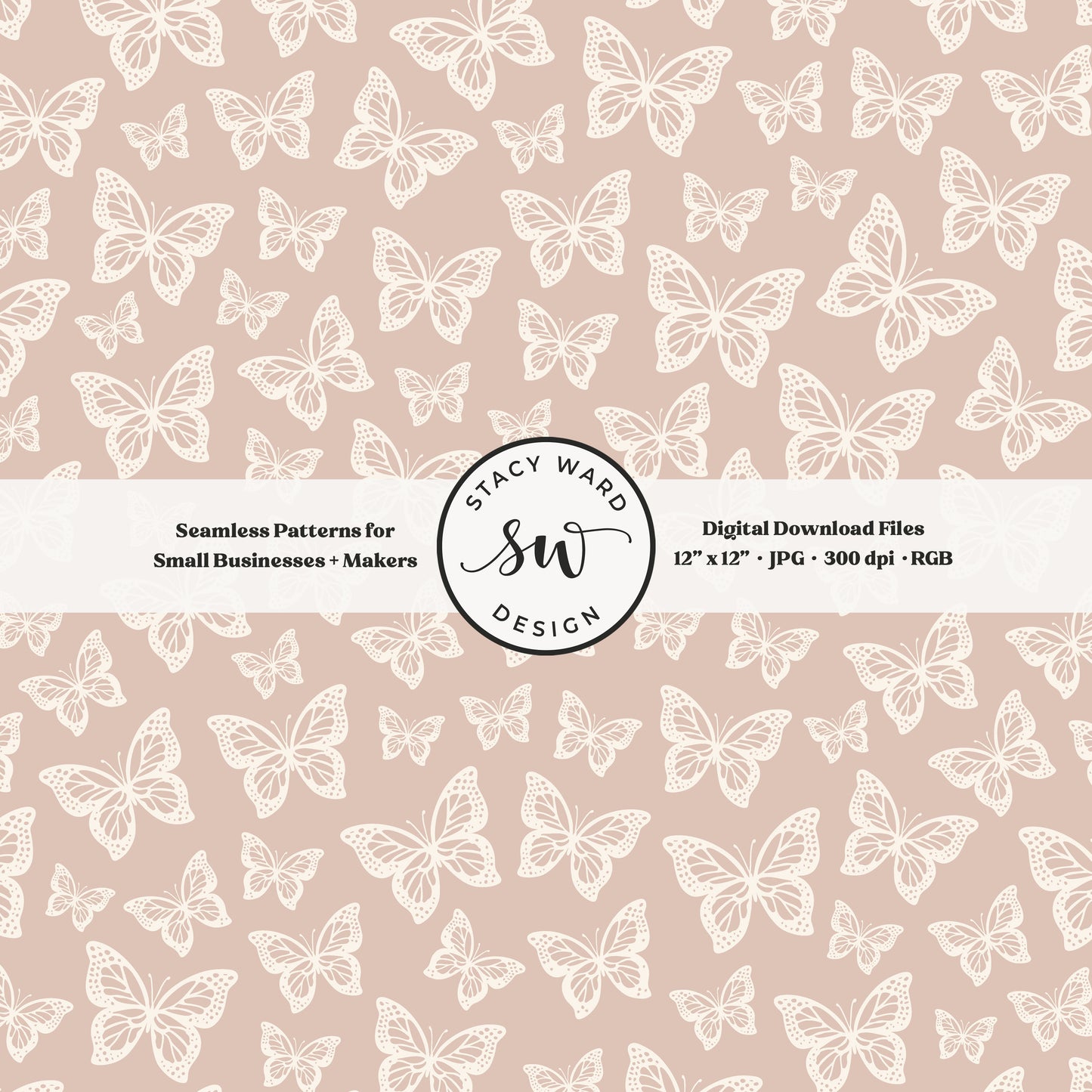 Simple butterfly illustration seamless pattern in cream on soft muted dusty rose small vintage inspired butterflies