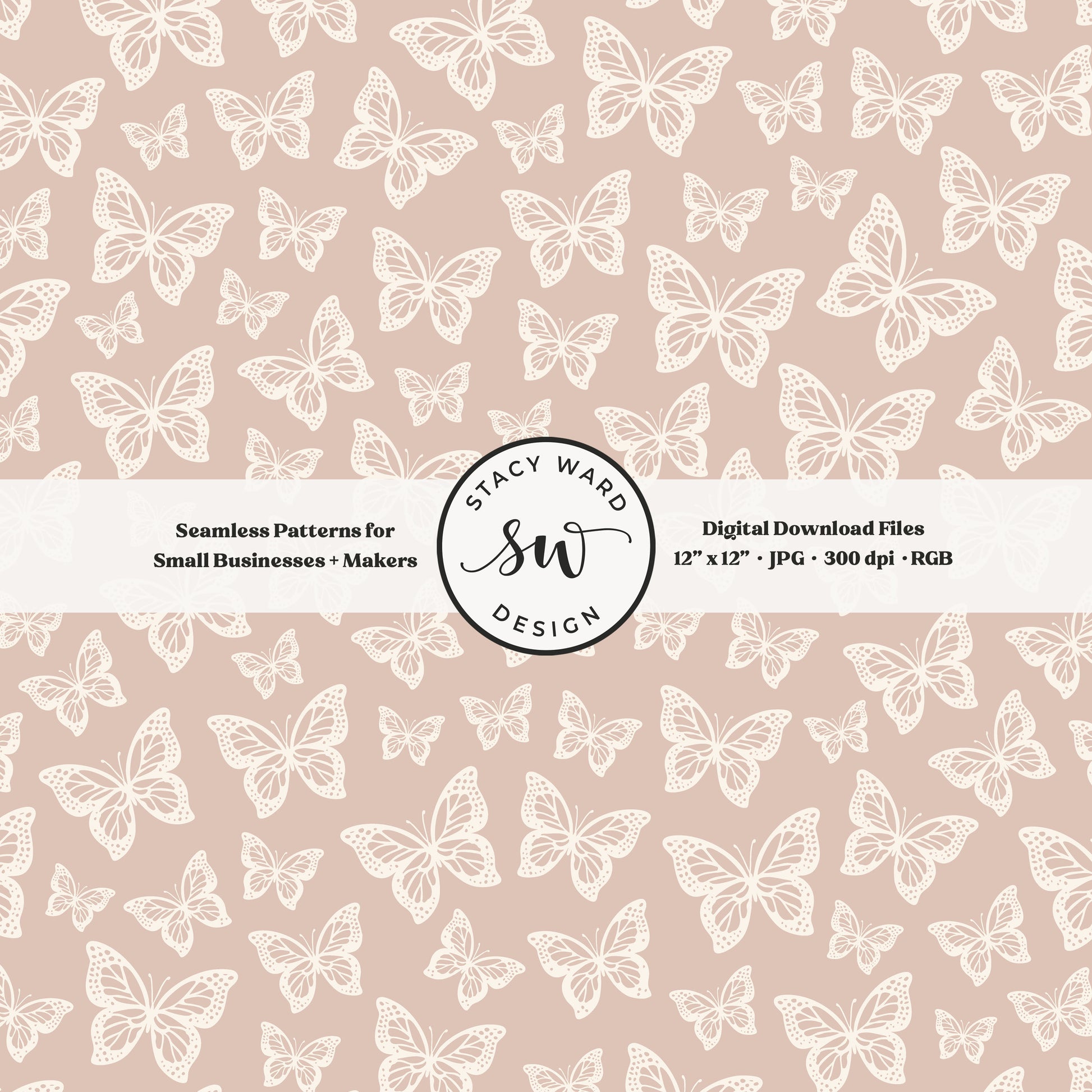 Simple butterfly illustration seamless pattern in cream on soft muted dusty rose small vintage inspired butterflies