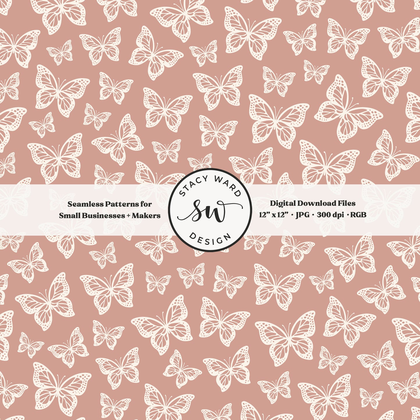 Simple butterfly illustration seamless pattern in cream on muted dusky pink small vintage inspired butterflies