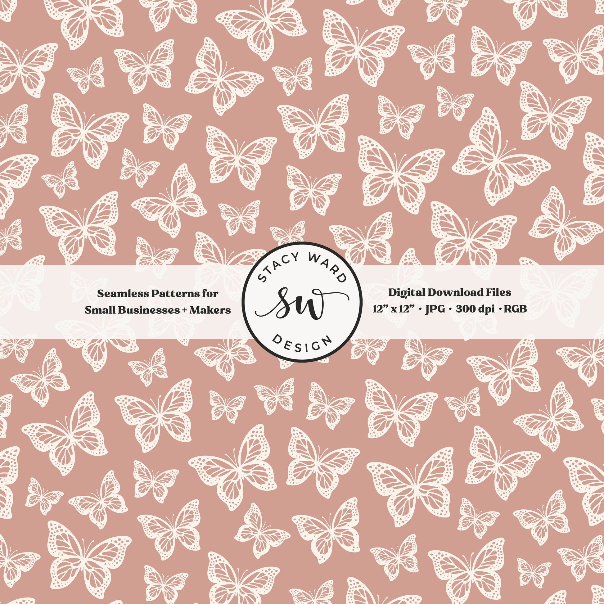 Simple butterfly illustration seamless pattern in cream on muted dusky pink small vintage inspired butterflies