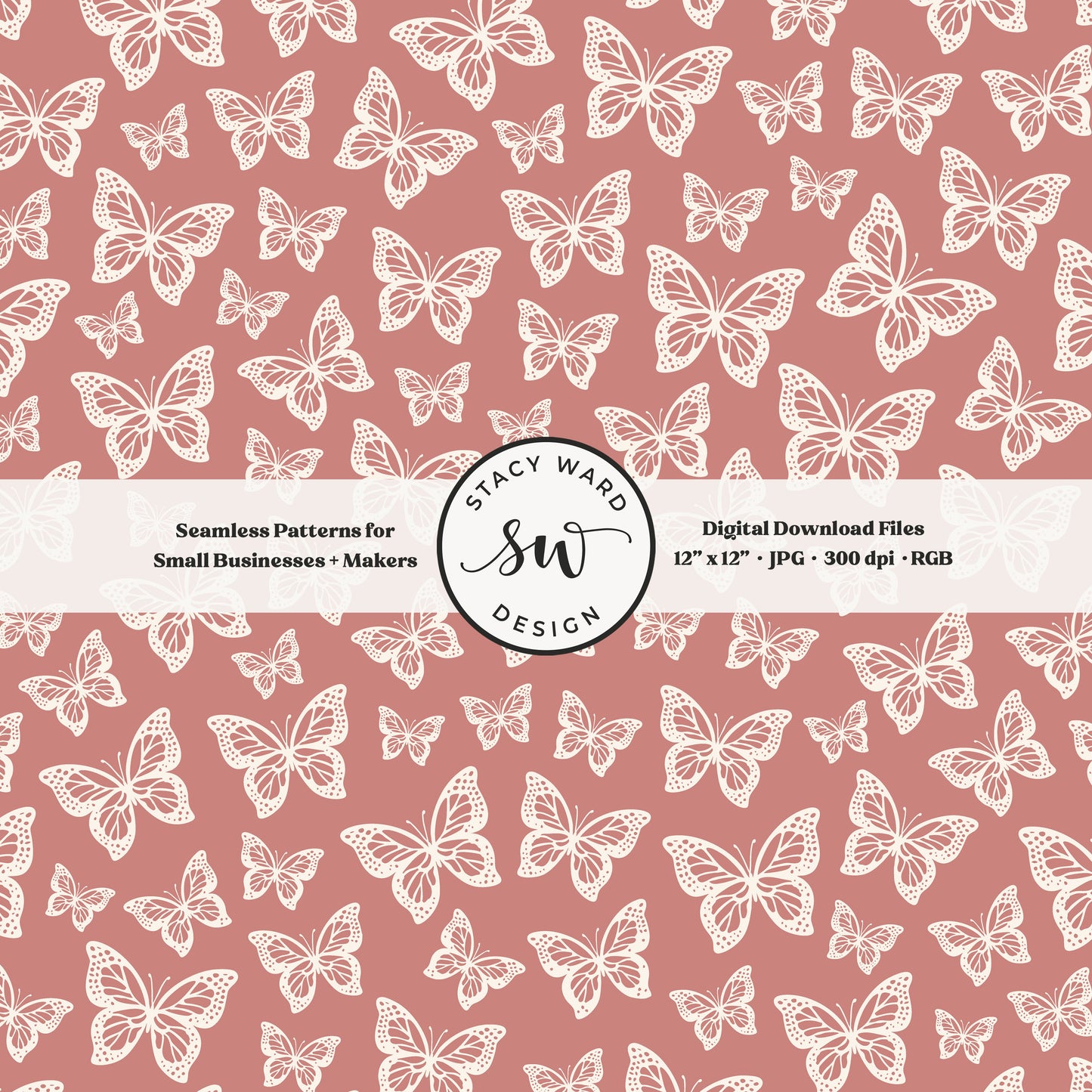 Simple butterfly illustration seamless pattern in cream on girly antique pink small vintage inspired butterflies