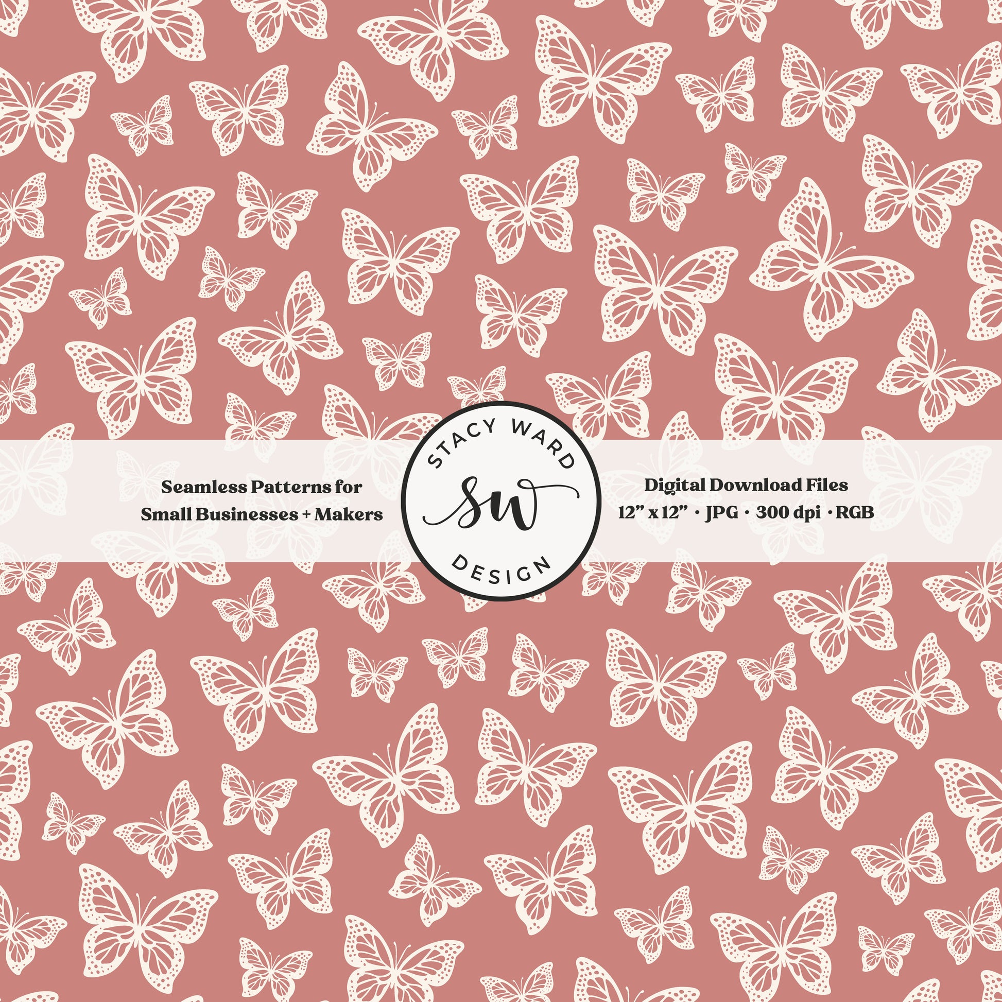 Simple butterfly illustration seamless pattern in cream on girly antique pink small vintage inspired butterflies