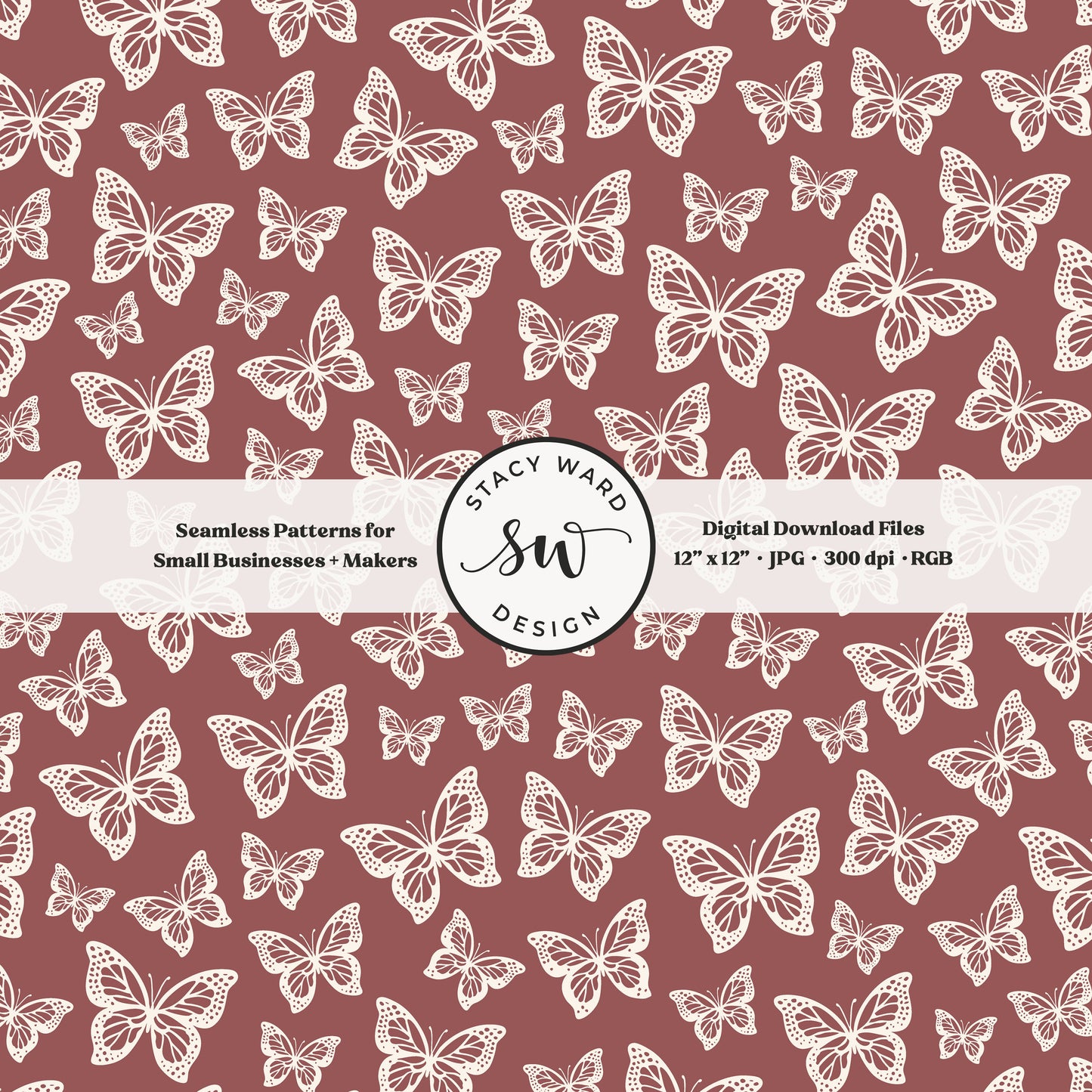 Simple butterfly illustration seamless pattern in cream on bold burgundy wine small vintage inspired butterflies