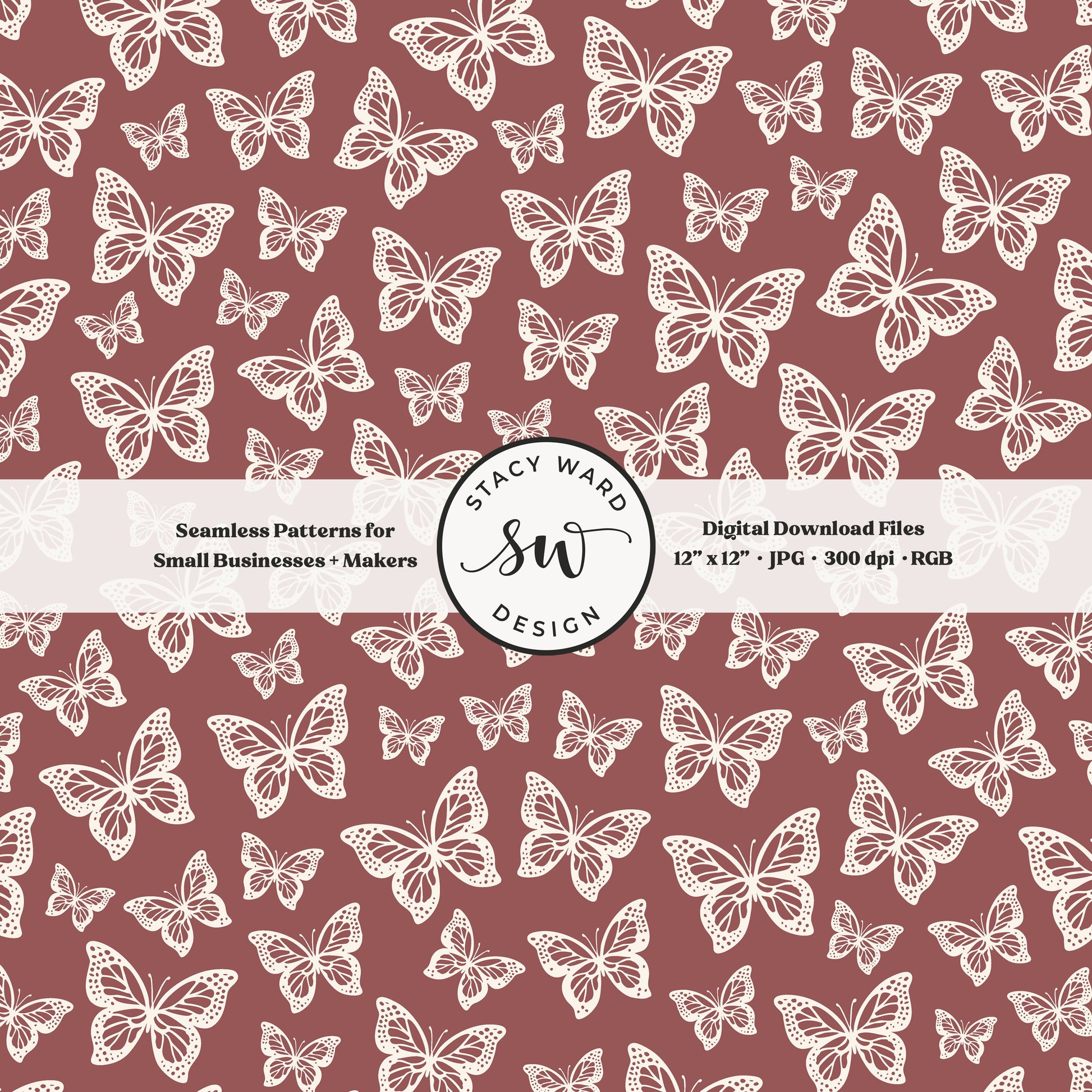 Simple butterfly illustration seamless pattern in cream on bold burgundy wine small vintage inspired butterflies